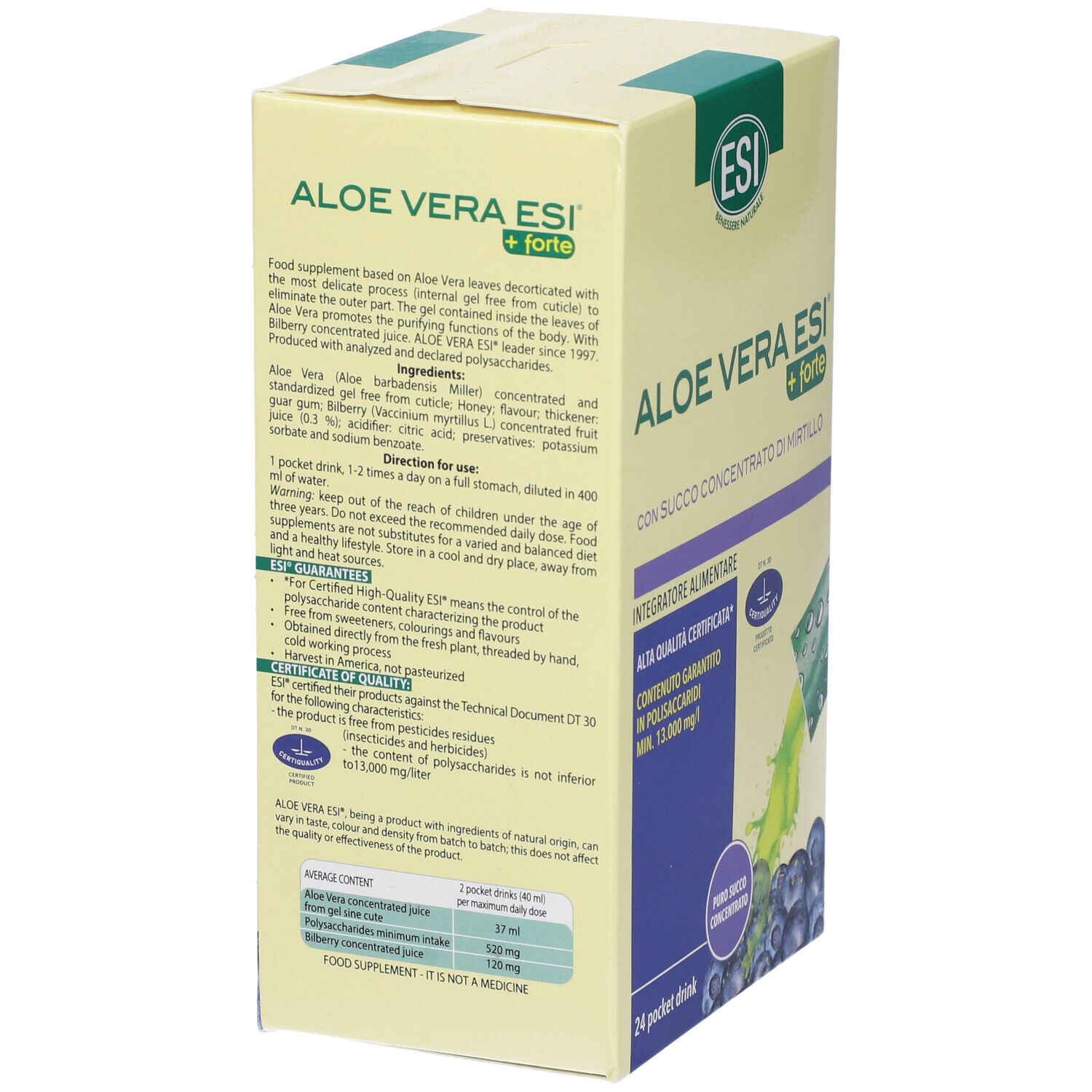 Confezione del prodotto Aloe Vera ESI + Forte. Contiene concentrato di mirtillo. 24 Pocket Drinks.