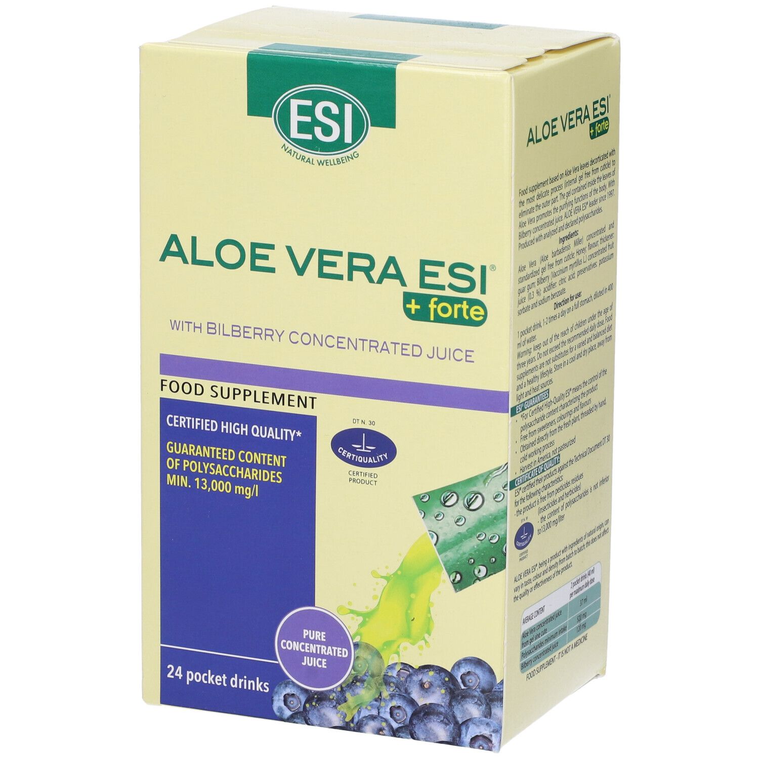 Confezione del prodotto Aloe Vera ESI + Forte. Contiene concentrato di mirtillo. 24 Pocket Drinks.