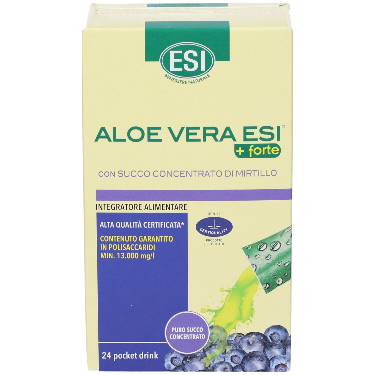Confezione del prodotto Aloe Vera ESI + Forte. Contiene concentrato di mirtillo. 24 Pocket Drinks.