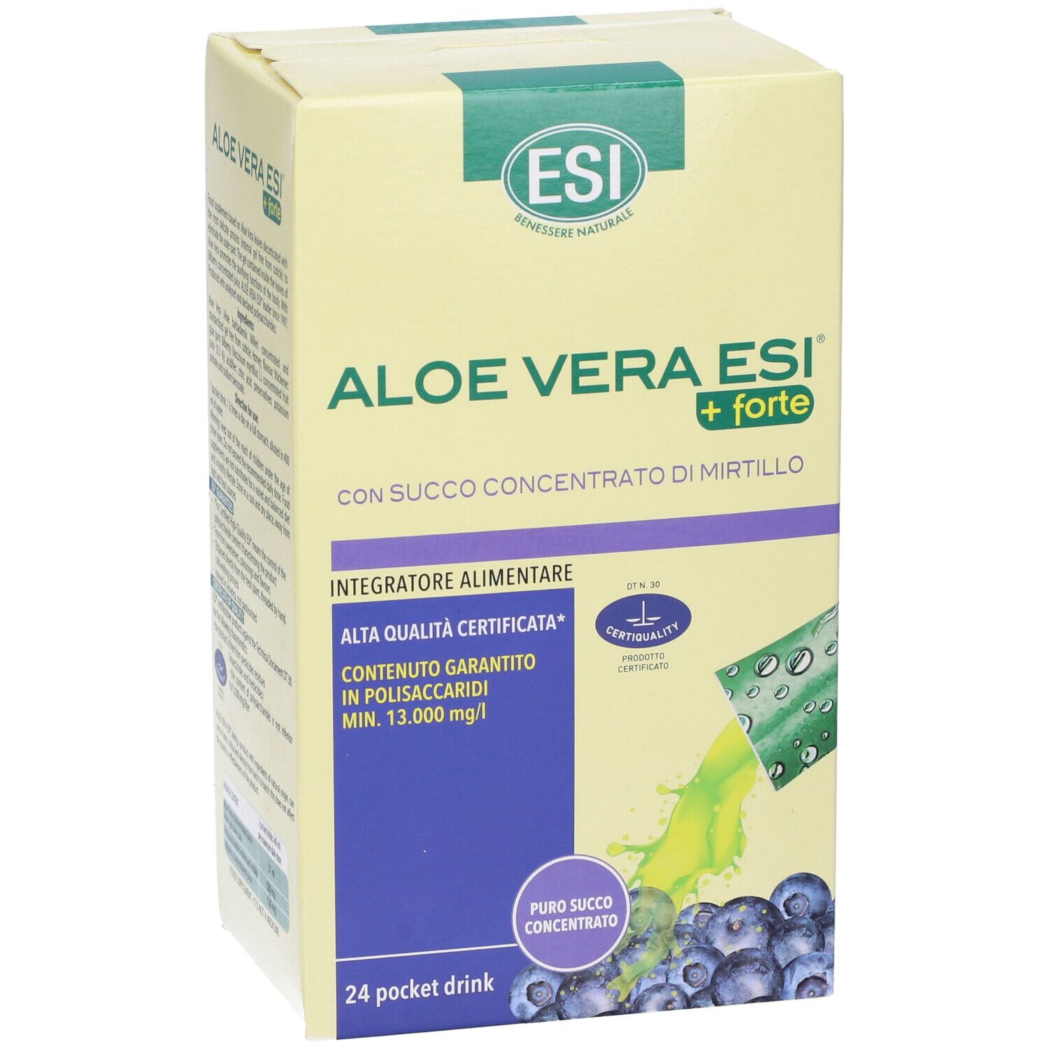 Confezione del prodotto Aloe Vera ESI + Forte. Contiene concentrato di mirtillo. 24 Pocket Drinks.