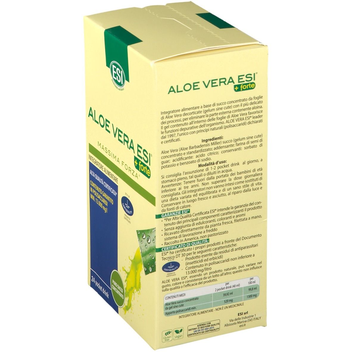 Confezione di ESI Aloe Vera + forte. Scritta: Aloe Vera ESI + forte, 24 Pocket Drink. Liquido giallo che fuoriesce da una bustina.