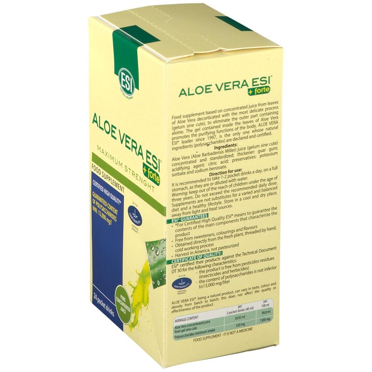 Confezione di ESI Aloe Vera + forte. Scritta: Aloe Vera ESI + forte, 24 Pocket Drink. Liquido giallo che fuoriesce da una bustina.