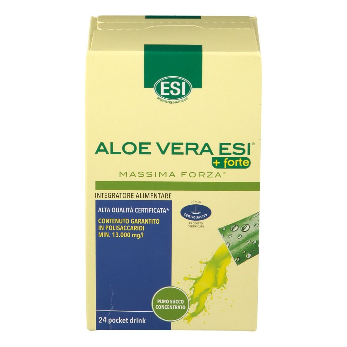 Confezione di ESI Aloe Vera + forte. Scritta: Aloe Vera ESI + forte, 24 Pocket Drink. Liquido giallo che fuoriesce da una bustina.