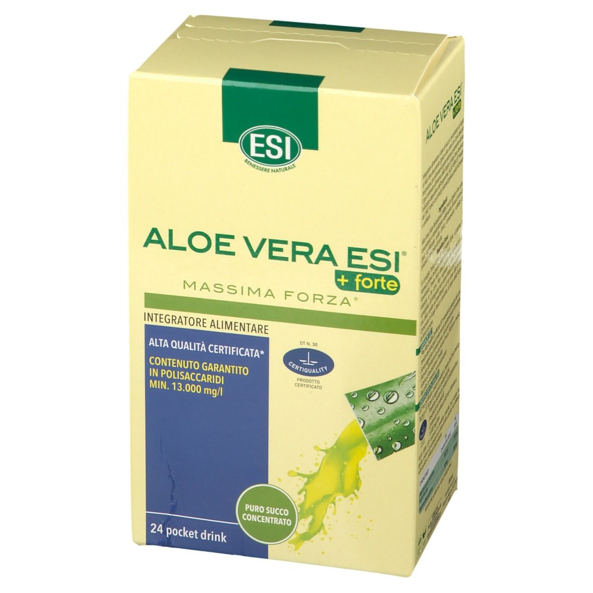 Confezione di ESI Aloe Vera + forte. Scritta: Aloe Vera ESI + forte, 24 Pocket Drink. Liquido giallo che fuoriesce da una bustina.