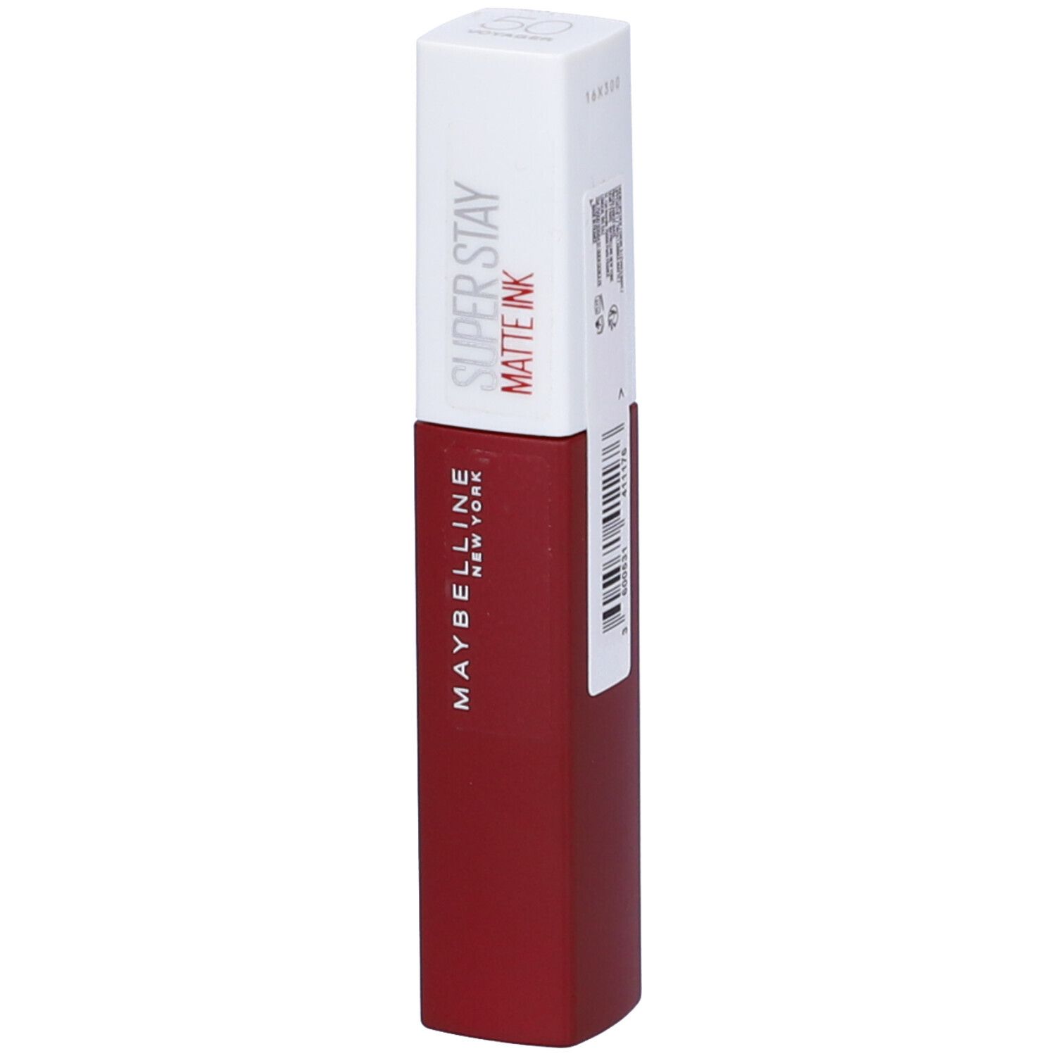 Rossetto rosso. Tappo bianco con scritta Super Stay Matte Ink. Marchio Maybelline New York. Codice a barre.