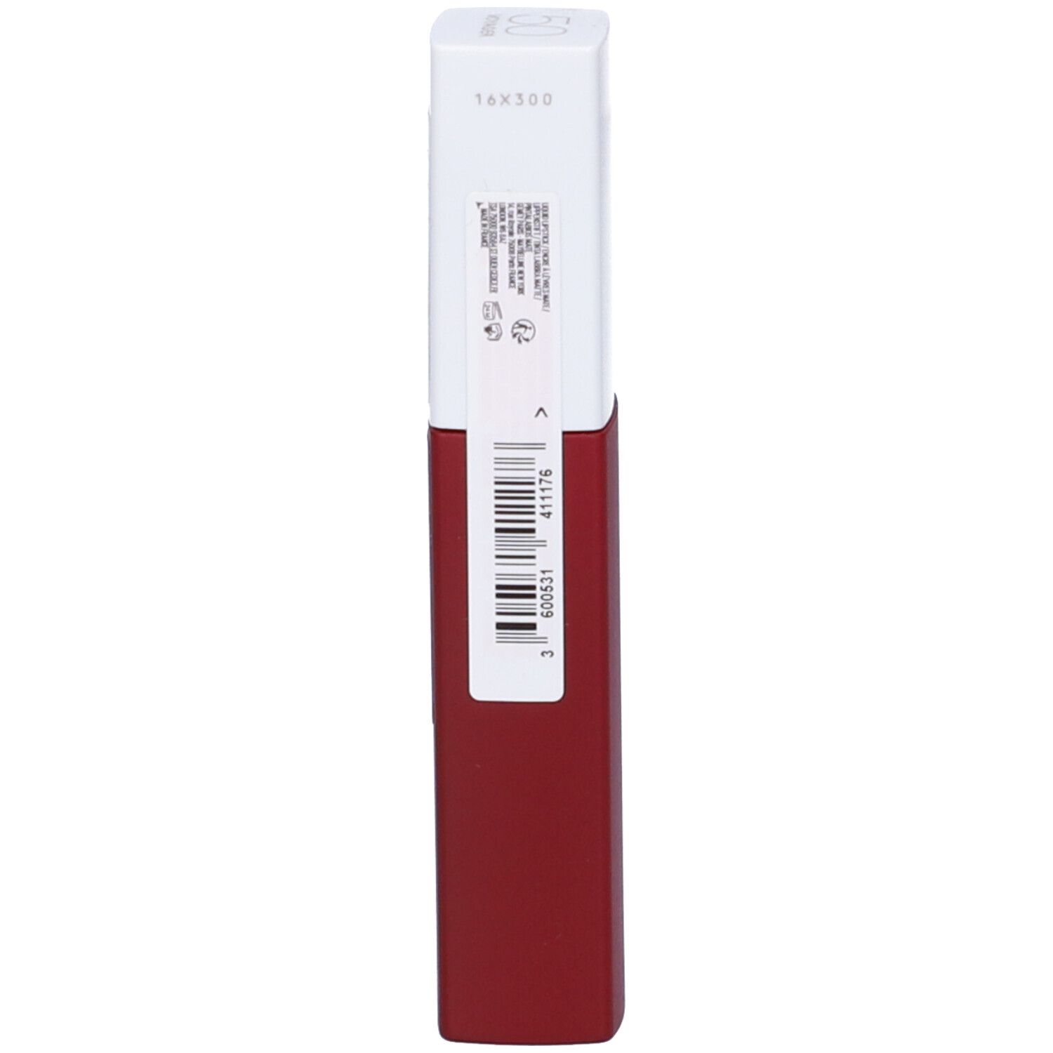 Rossetto rosso. Tappo bianco. Codice a barre e informazioni sul prodotto.