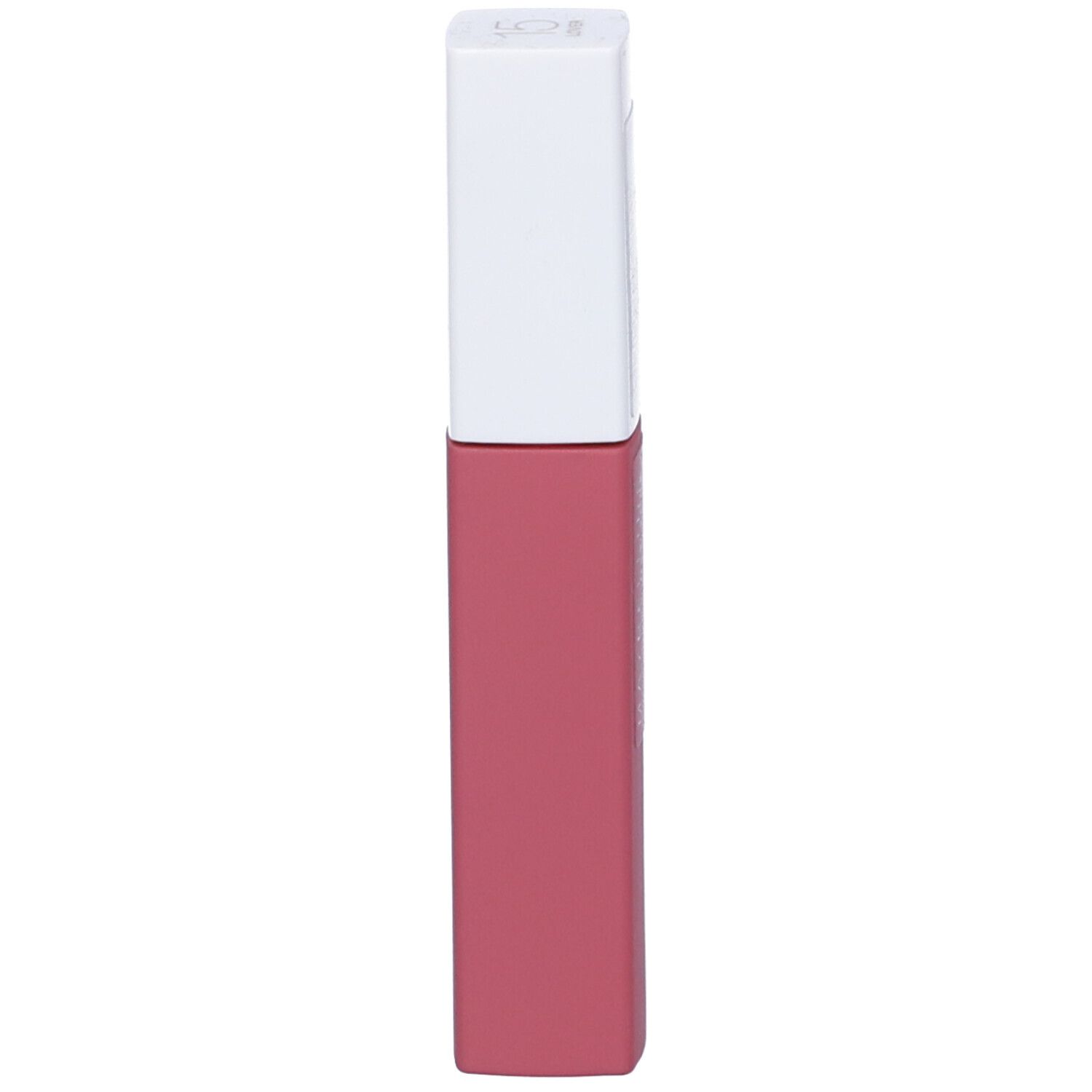 Tubetto di rossetto rosa con tappo bianco. Nome del prodotto e marchio non visibili. Vista verticale.