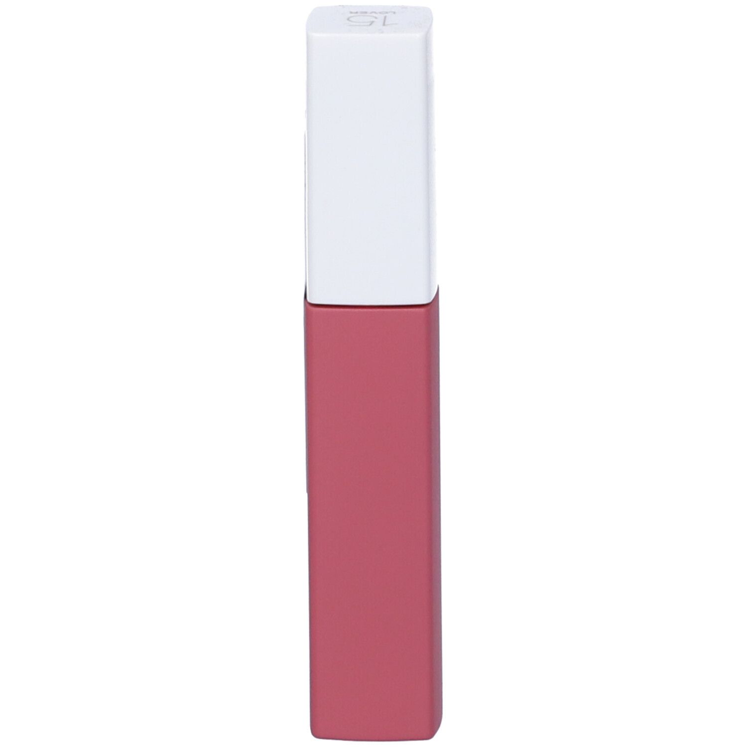 Tubetto di rossetto rosa con tappo bianco. Nome del prodotto e marchio non visibili. Vista verticale.