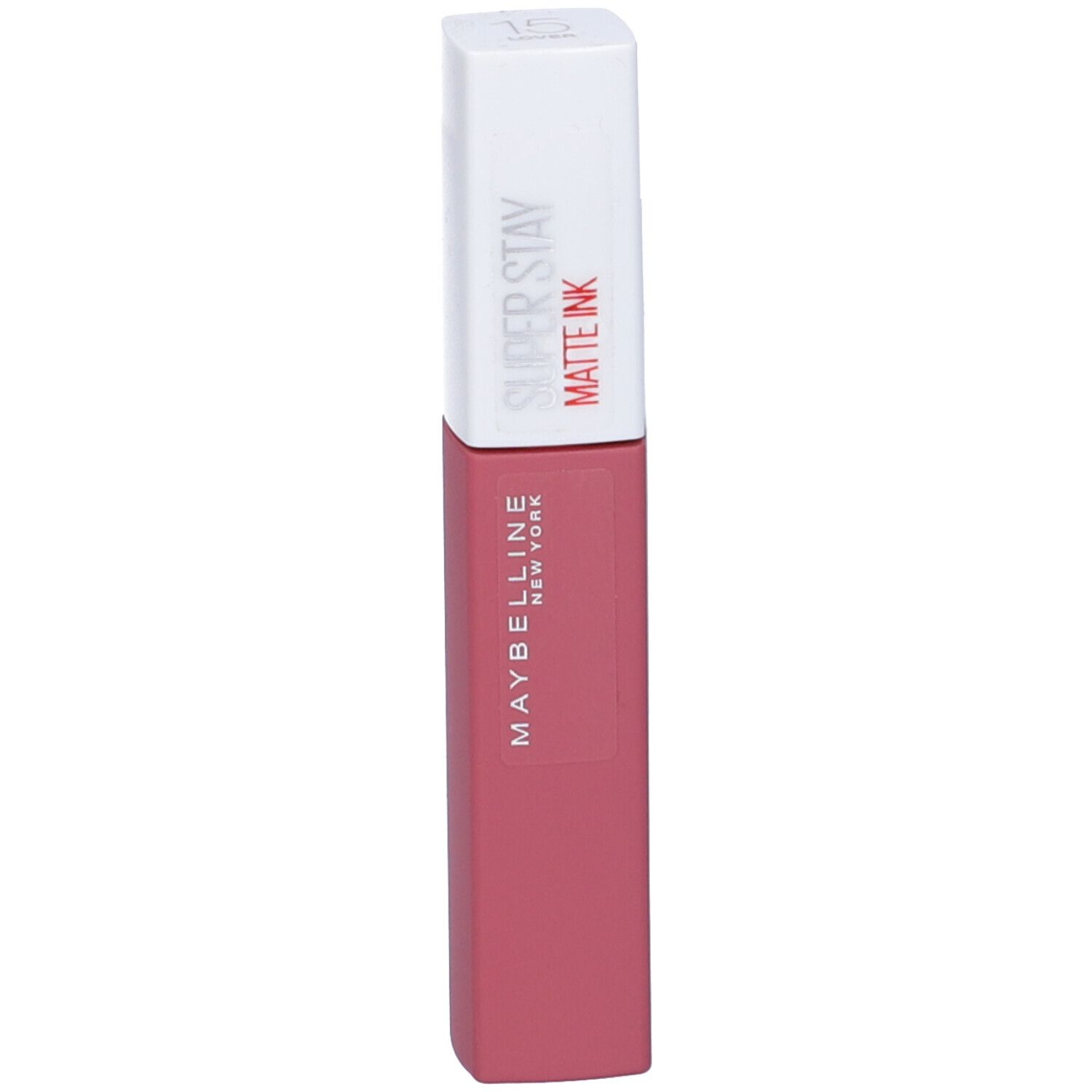 Maybelline New York SuperStay Matte Ink Rossetto. Tubetto di rossetto rosa con tappo bianco. Nome del prodotto e marchio visibili.