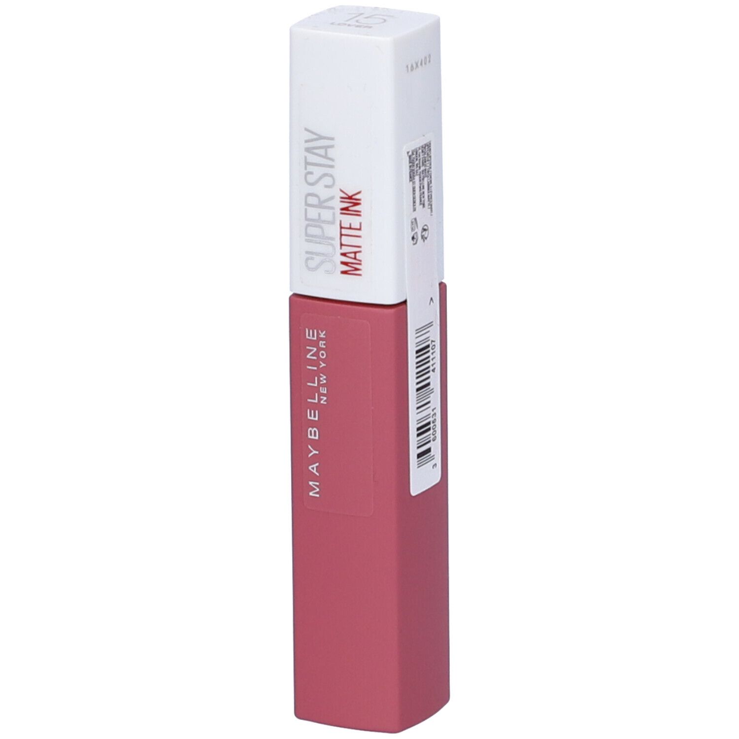 Maybelline New York SuperStay Matte Ink Rossetto. Tubetto di rossetto rosa con tappo bianco. Nome del prodotto e marchio visibili.