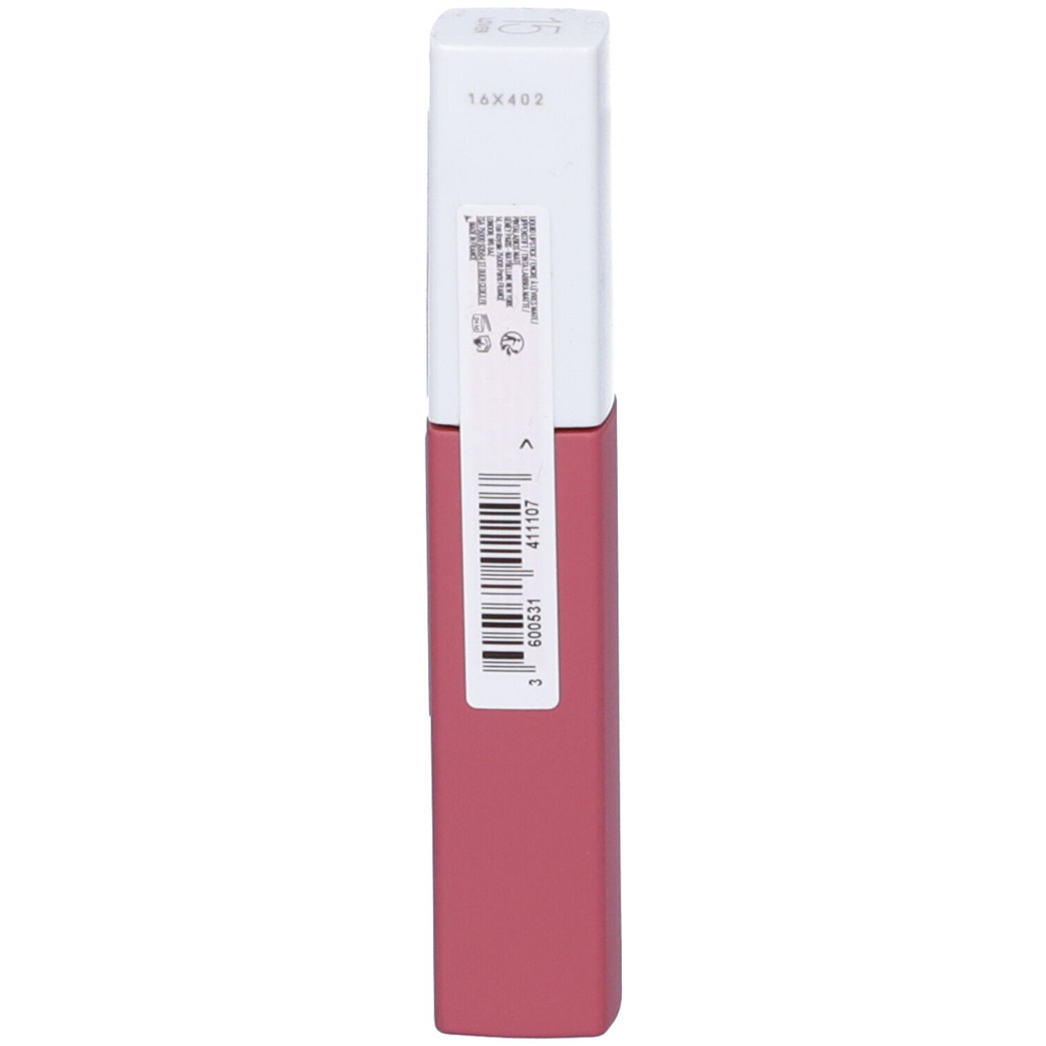 Maybelline New York SuperStay Matte Ink Rossetto. Tubetto di rossetto rosa con tappo bianco. Retro con codice a barre.