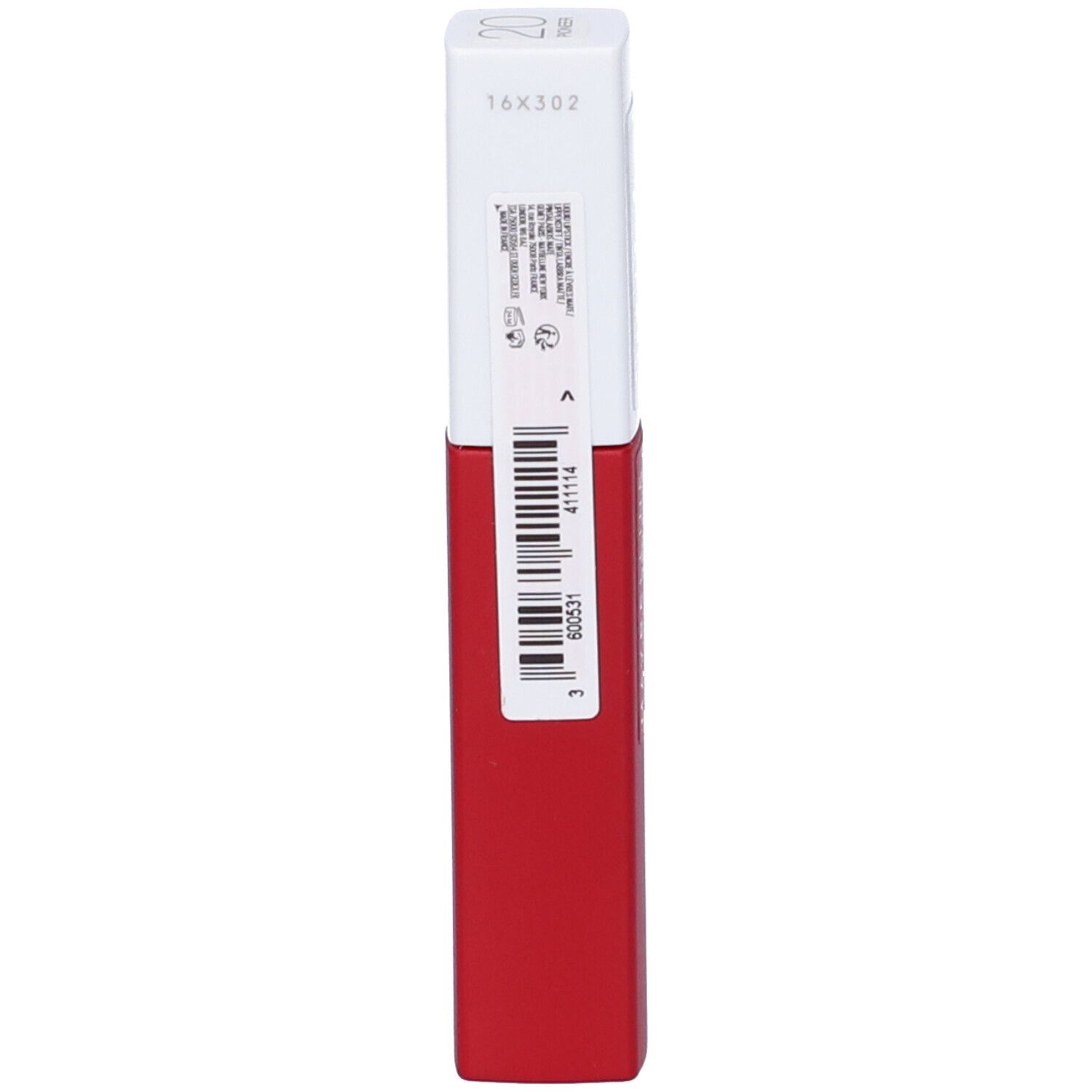 Rossetto rosso, retro. Adesivo bianco con codice a barre e informazioni sul prodotto.