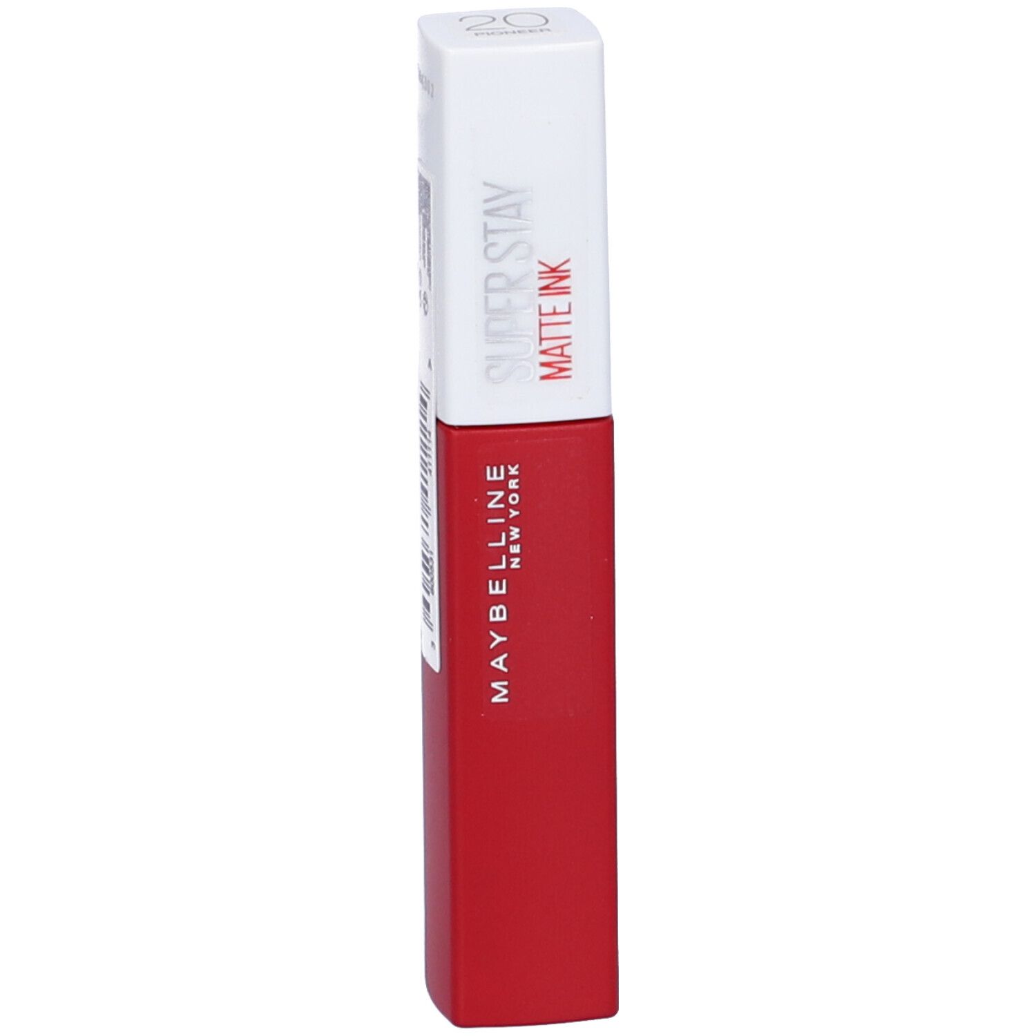 Rossetto rosso Maybelline New York. Tappo bianco con scritta Super Stay Matte Ink.