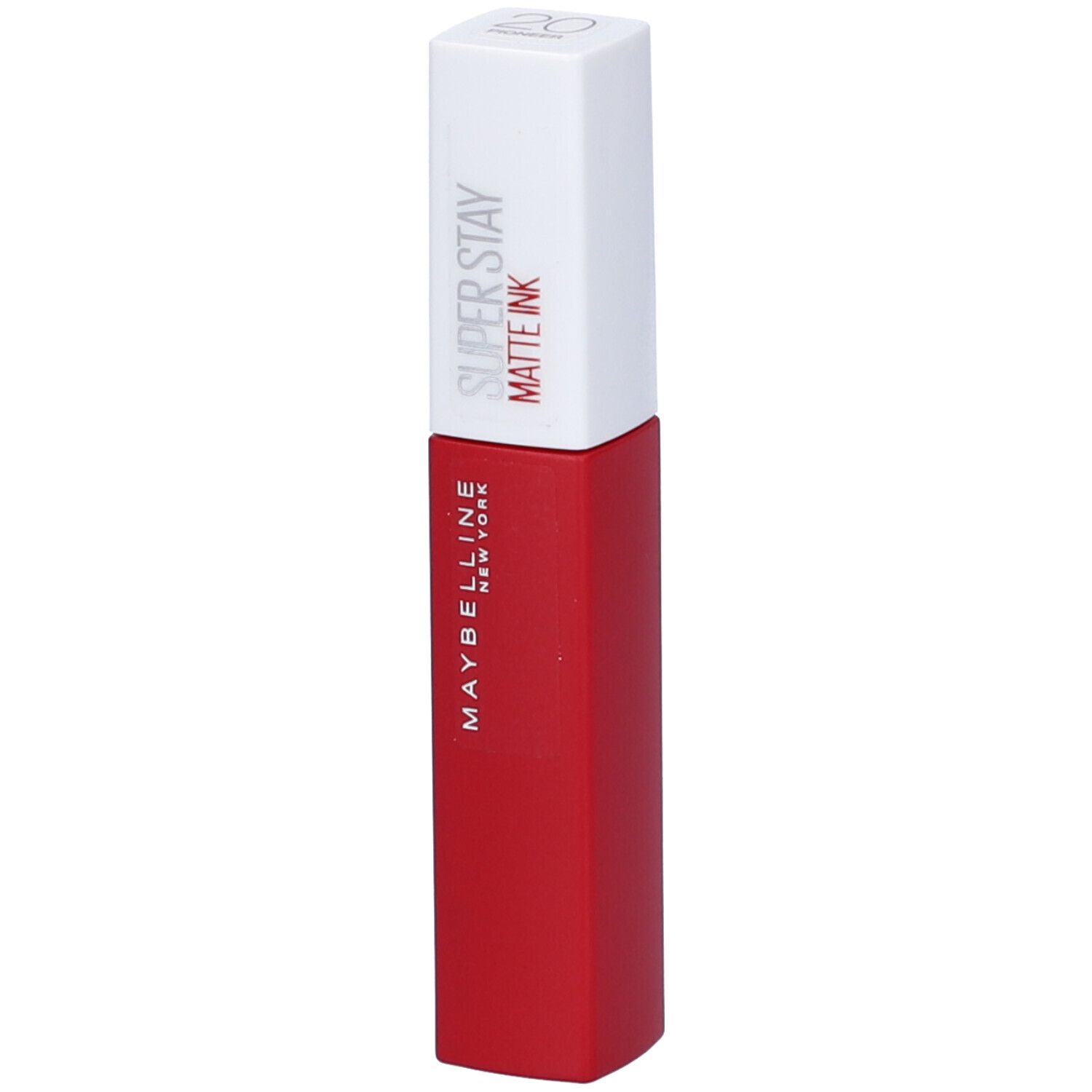Rossetto rosso Maybelline New York. Tappo bianco con scritta Super Stay Matte Ink.