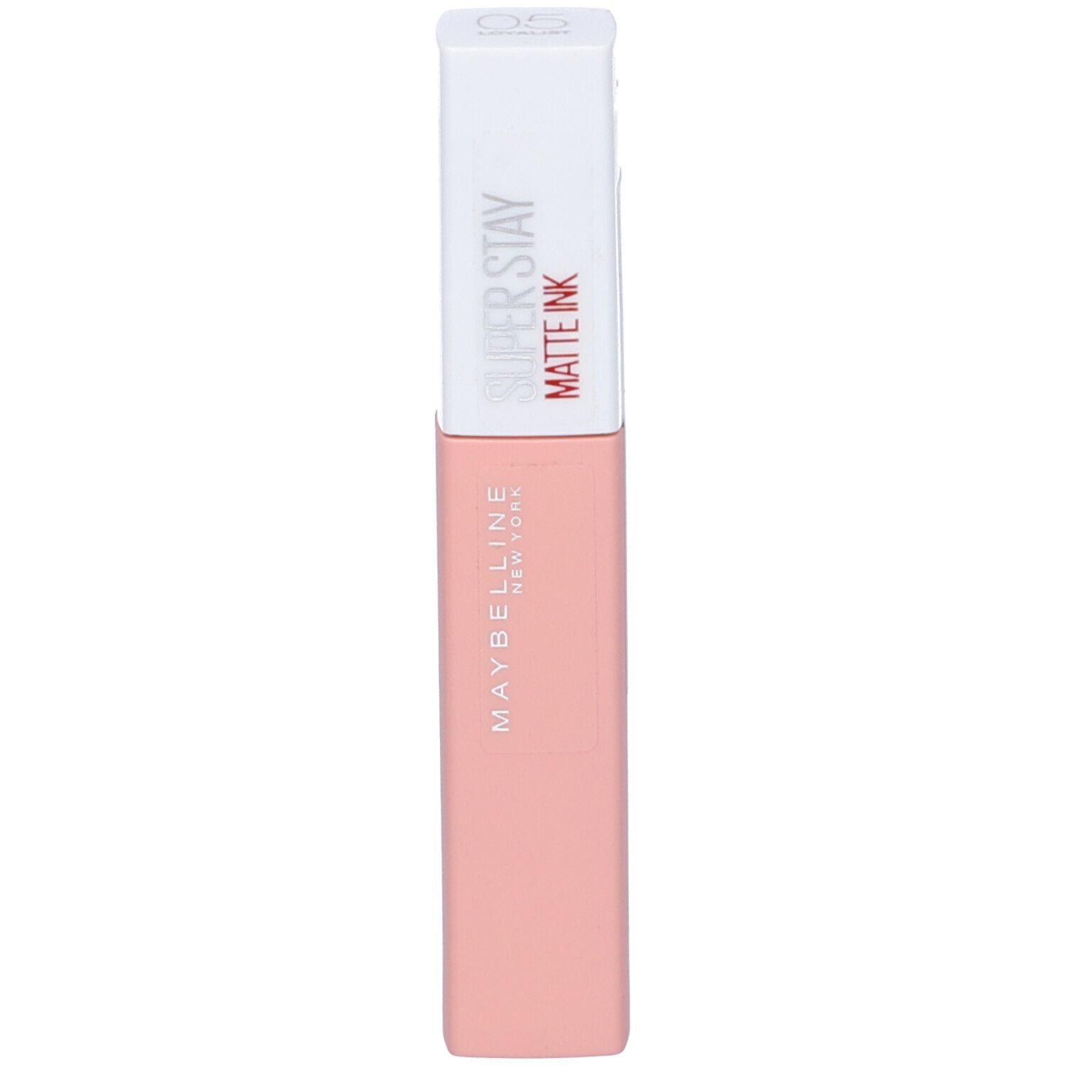 Rossetto rosa. Tappo bianco con scritta Super Stay Matte Ink. Marchio Maybelline New York.