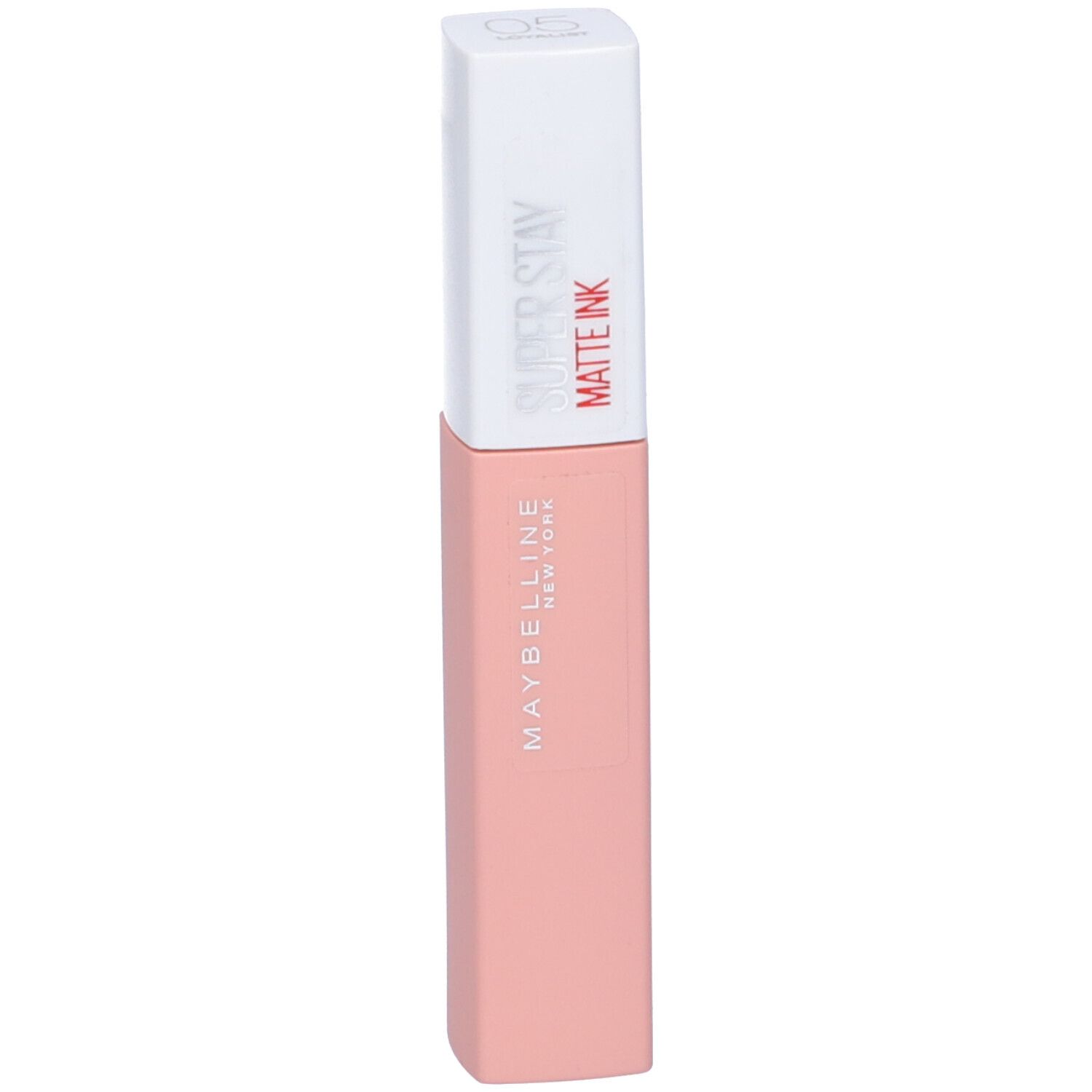 Rossetto rosa. Tappo bianco con scritta Super Stay Matte Ink. Marchio Maybelline New York.