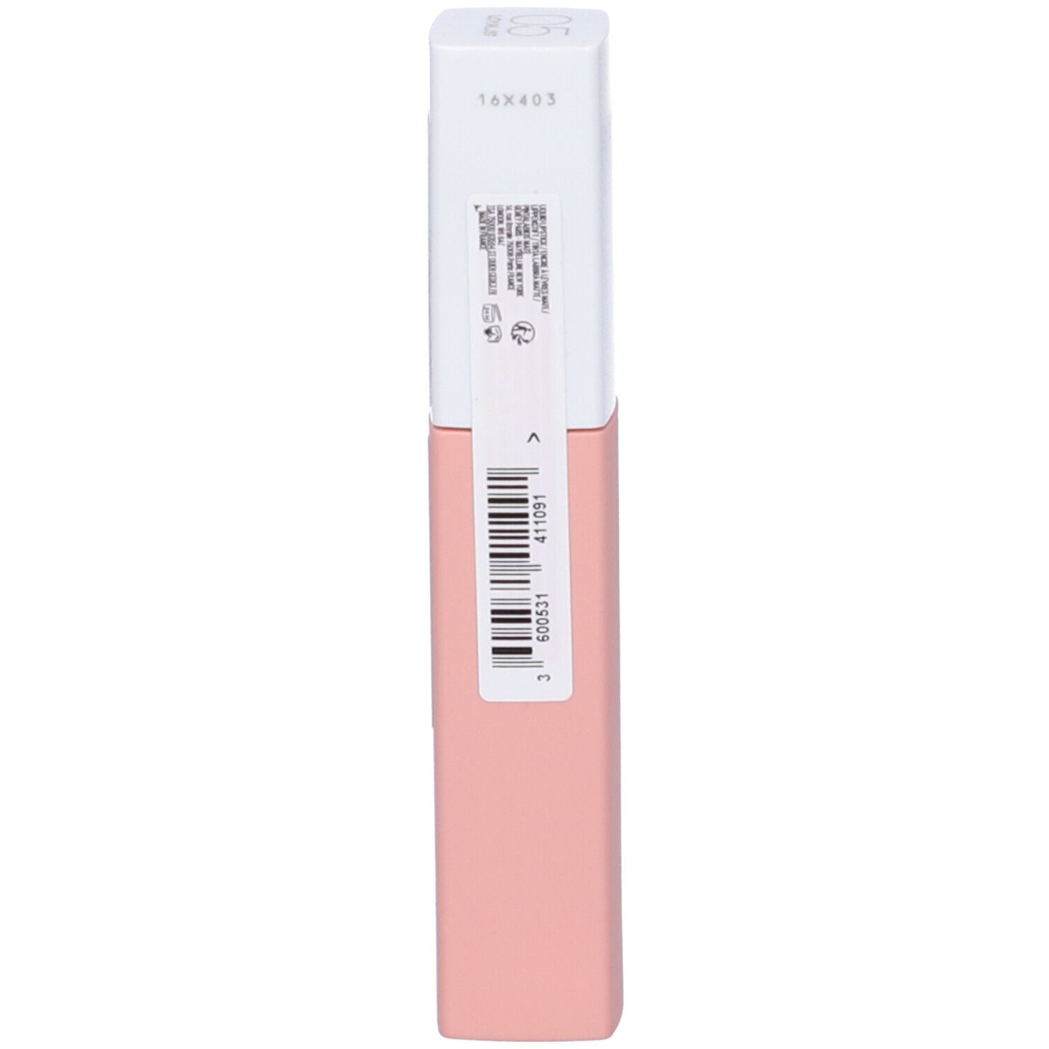 Rossetto rosa con tappo bianco. Codice a barre e testo sul retro. Forma rettangolare.