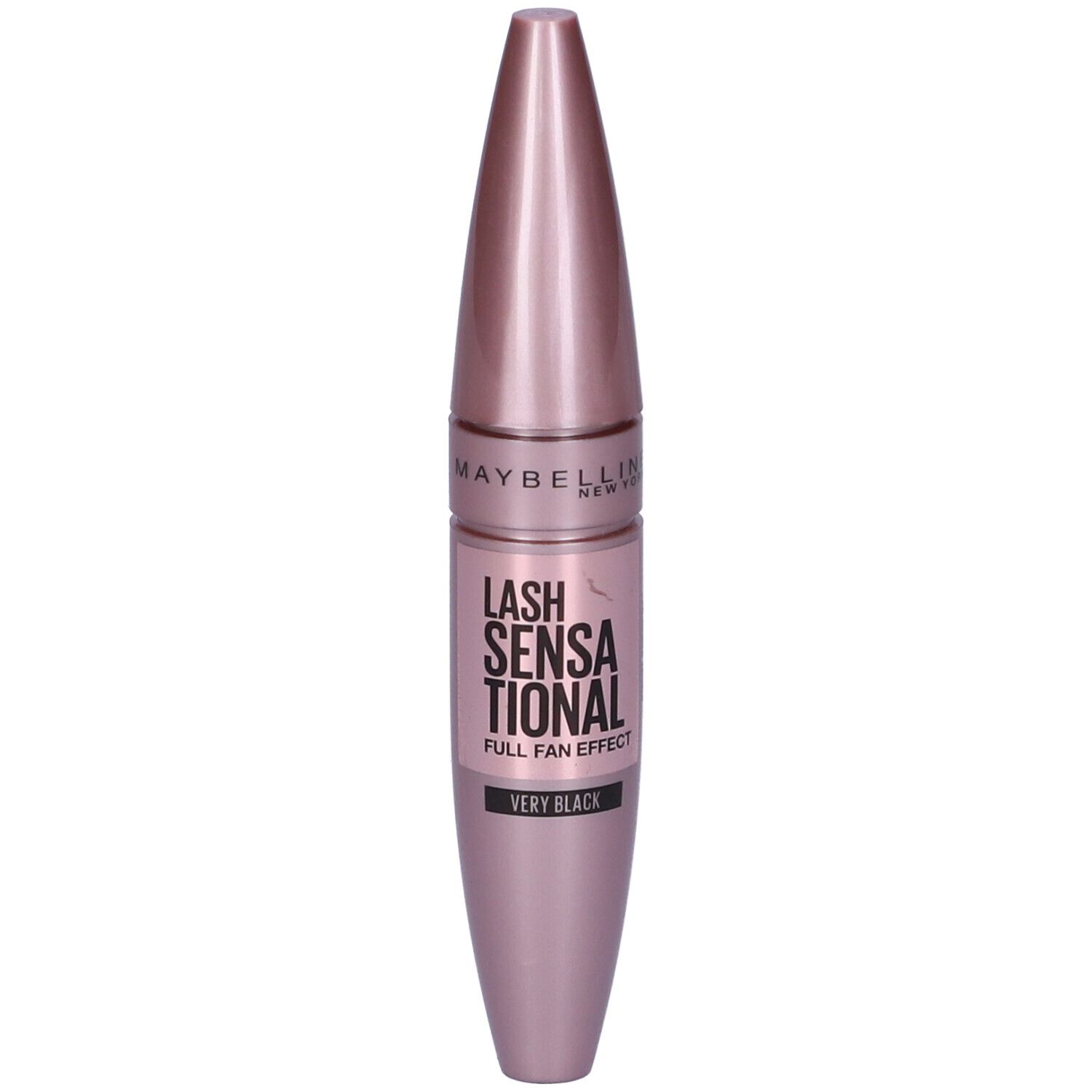 Tubo di mascara rosa. Scritta: LASH SENSATIONAL, FULL FAN EFFECT, VERY BLACK. Marchio: MAYBELLINE NEW YORK.