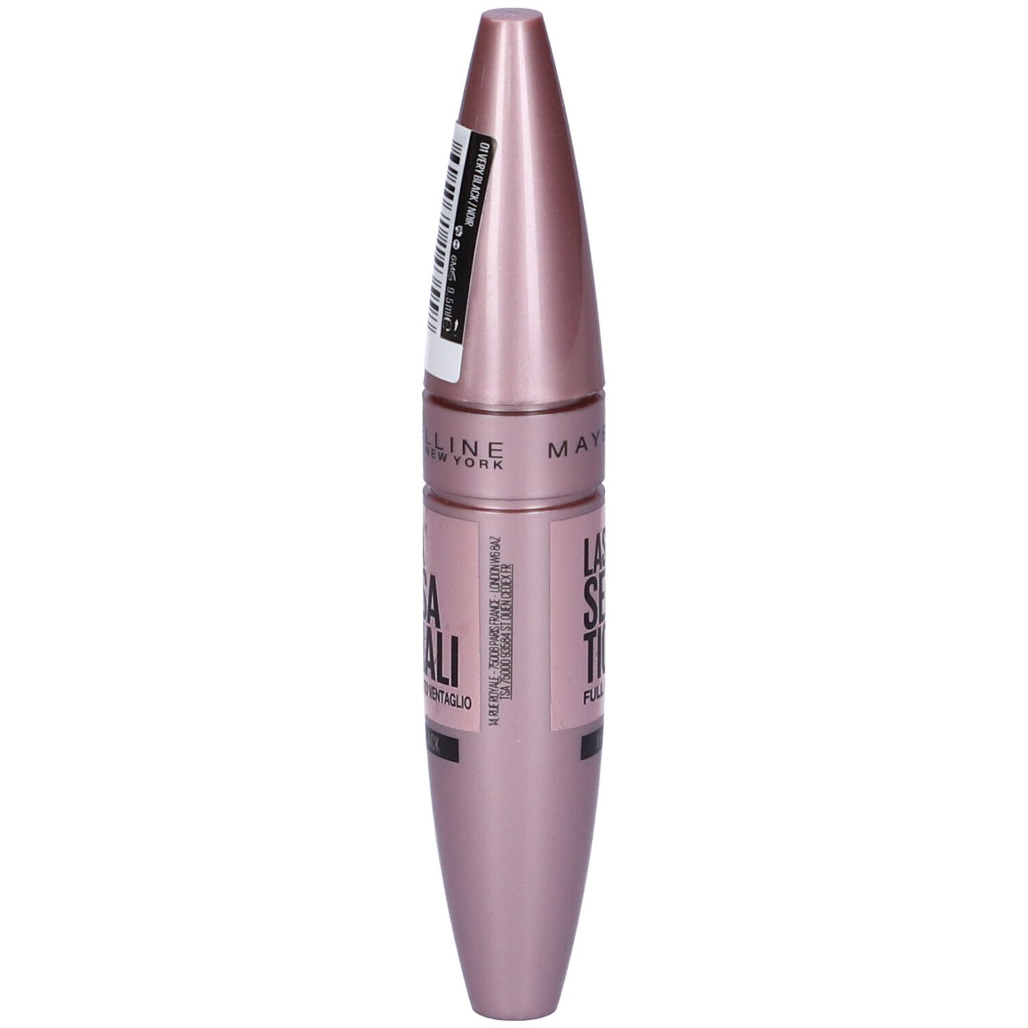 Tubo di mascara rosa con etichetta. Scritta: LASH SENSATIONAL, FULL FAN EFFECT, VERY BLACK. Marchio: MAYBELLINE NEW YORK.