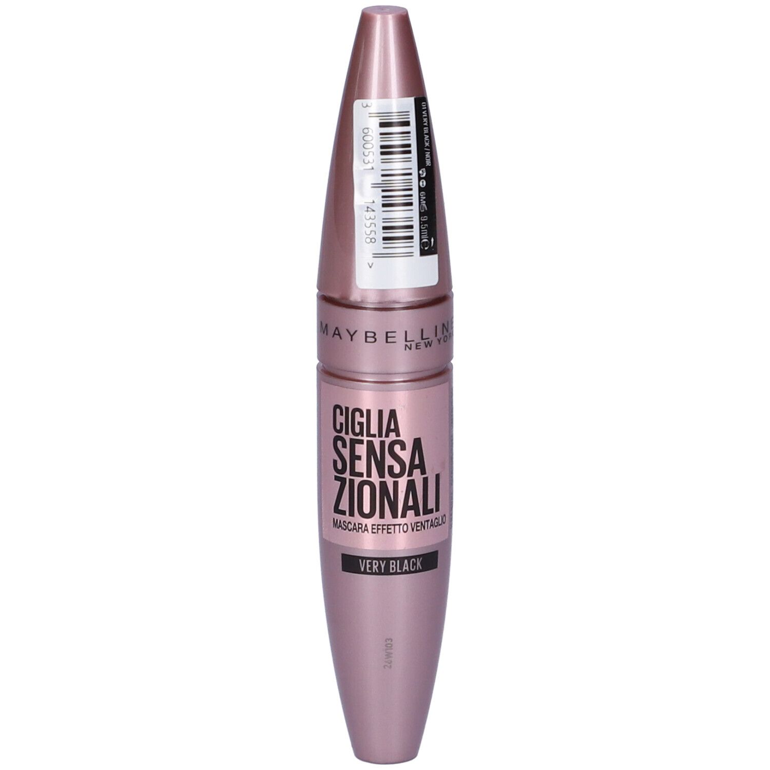 Tubo di mascara rosa. Scritta: CIGLIA SENSAZIONALI, VERY BLACK. Marchio: MAYBELLINE NEW YORK. Con etichetta con codice a barre.