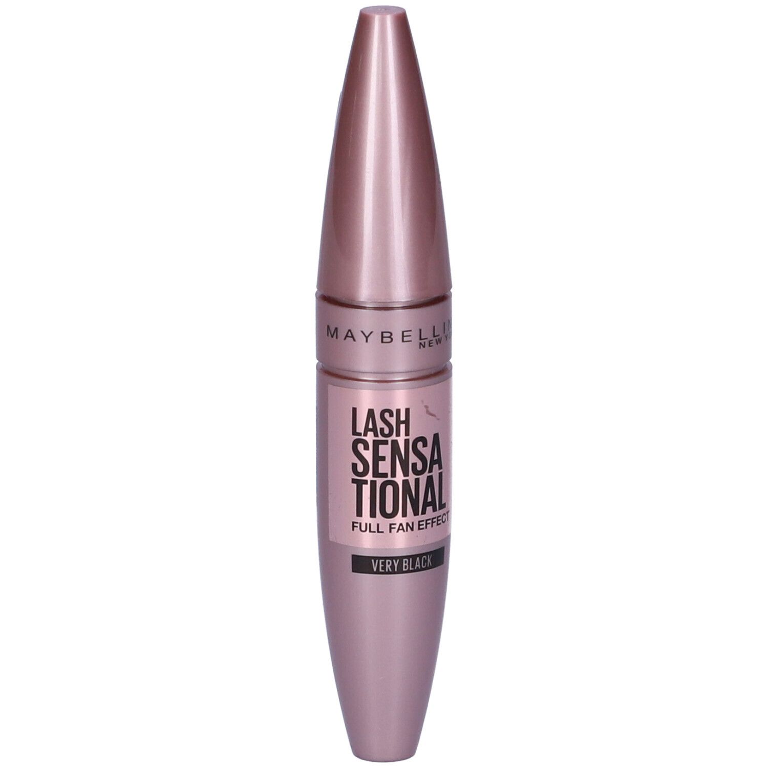 Tubo di mascara rosa. Scritta: LASH SENSATIONAL, FULL FAN EFFECT, VERY BLACK. Marchio: MAYBELLINE NEW YORK.