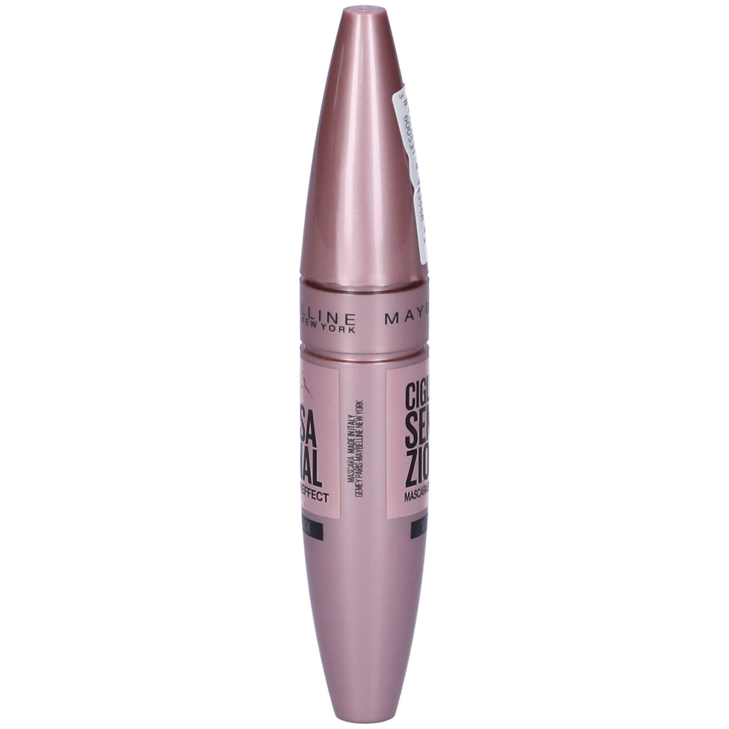 Tubo di mascara rosa. Scritta: CIGLIA SENSAZIONALI, VERY BLACK. Marchio: MAYBELLINE NEW YORK. Con etichetta con codice a barre.