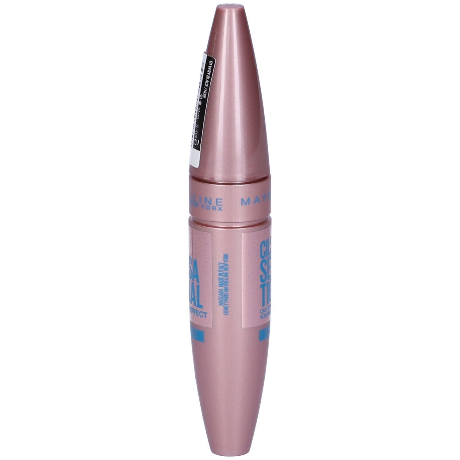 Mascara rosa. Scritta: CILS SENSATIONAL, resistente all'acqua. Marchio Maybelline New York. Etichetta.