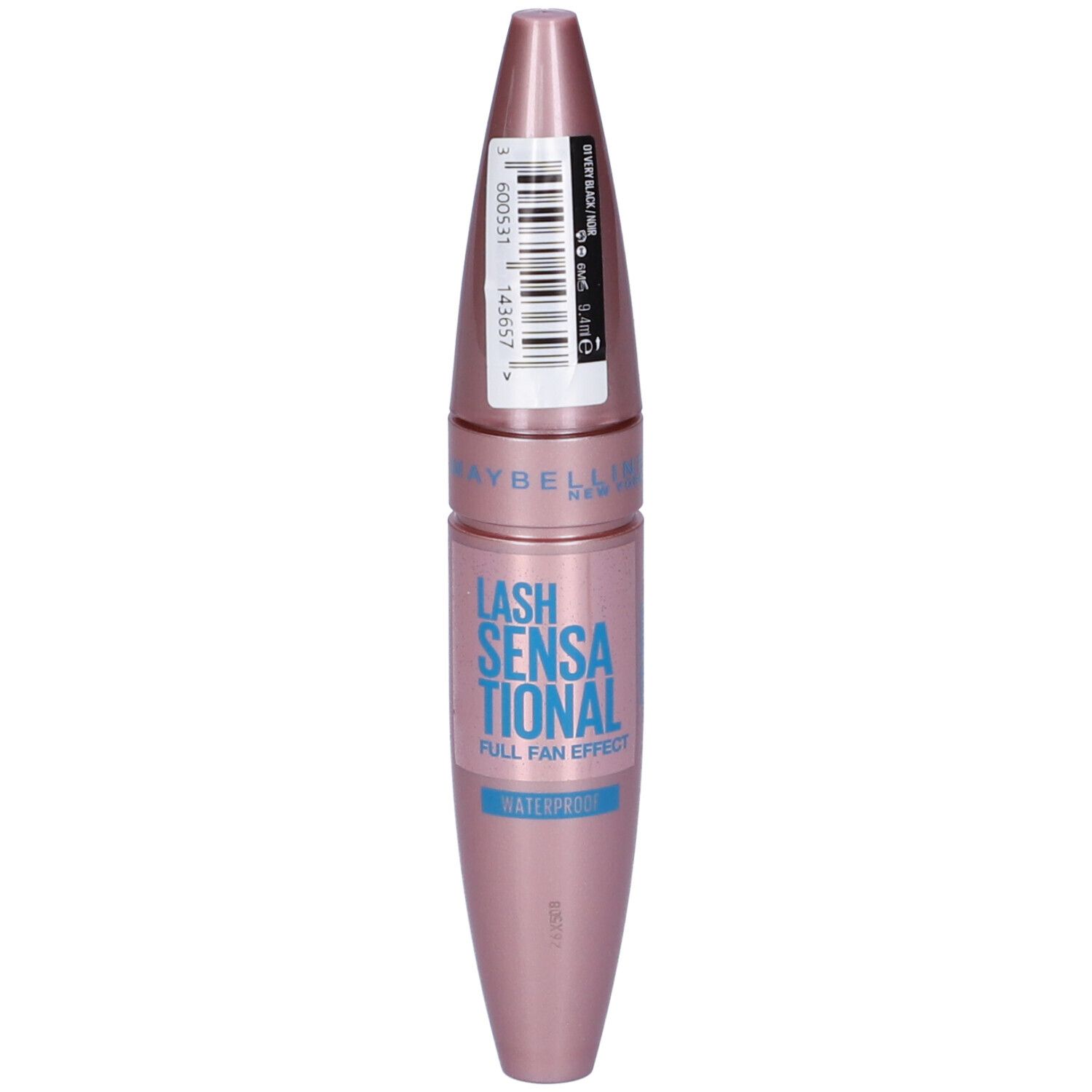 Mascara rosa. Scritta: LASH SENSATIONAL, resistente all'acqua. Marchio Maybelline New York. Etichetta.