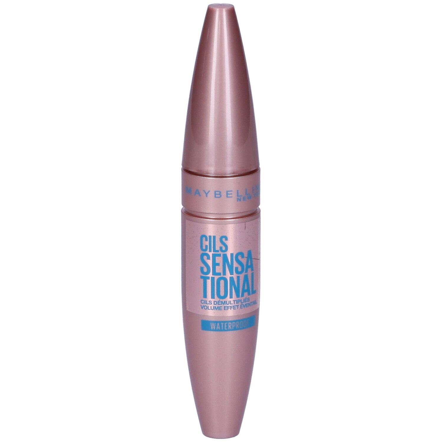 Mascara rosa. Scritta: CILS SENSATIONAL, resistente all'acqua. Marchio Maybelline New York.