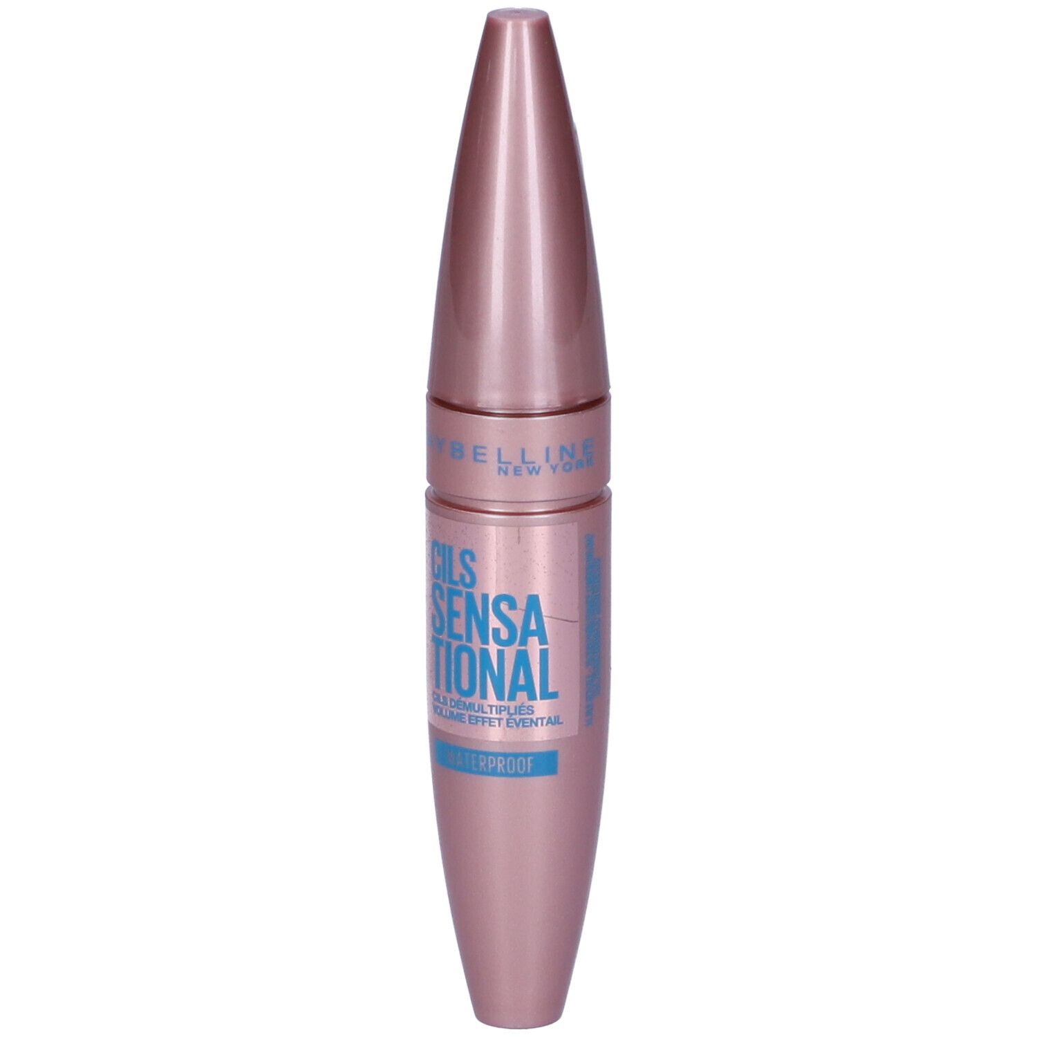 Mascara rosa. Scritta: CILS SENSATIONAL, resistente all'acqua. Marchio Maybelline New York.