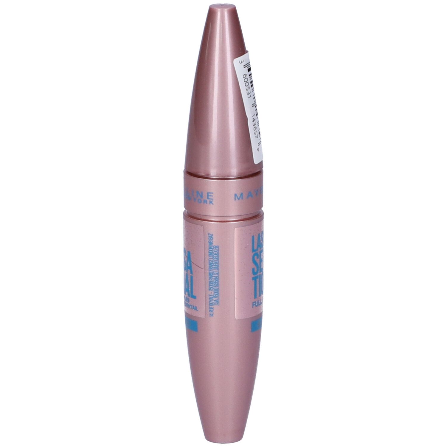Mascara rosa. Scritta: LASH SENSATIONAL, resistente all'acqua. Marchio Maybelline New York. Etichetta.