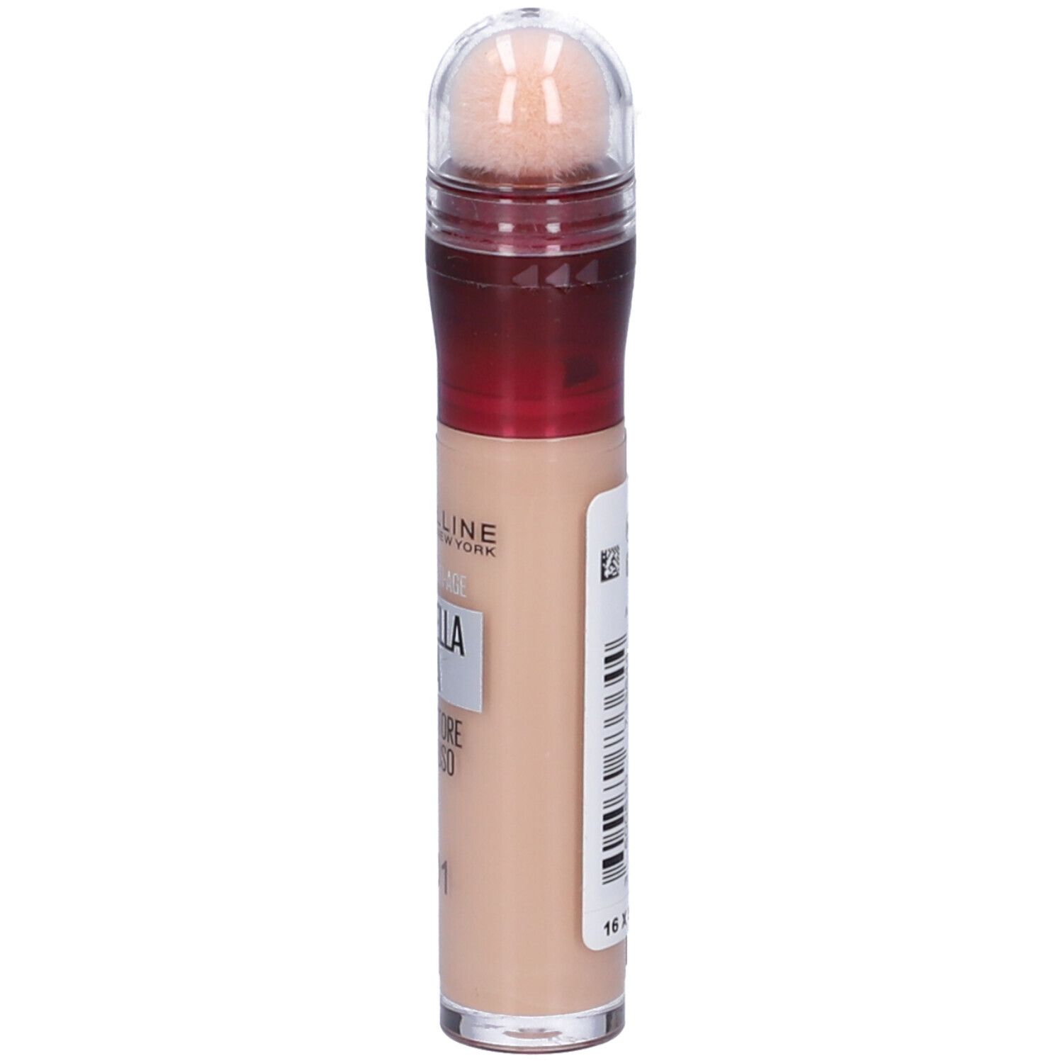 Maybelline Concealer in hellem Hautton mit Applikator. Flasche mit rotem Ring und transparentem Deckel.
