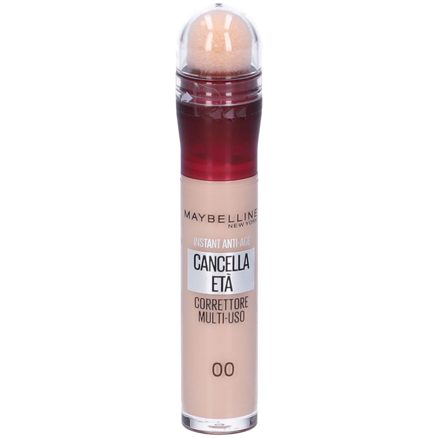 Maybelline New York Correttore Liquido Cancella Età 00 Ivory. Flacone beige con applicatore a spugna. Scritta: Instant Anti-Age.