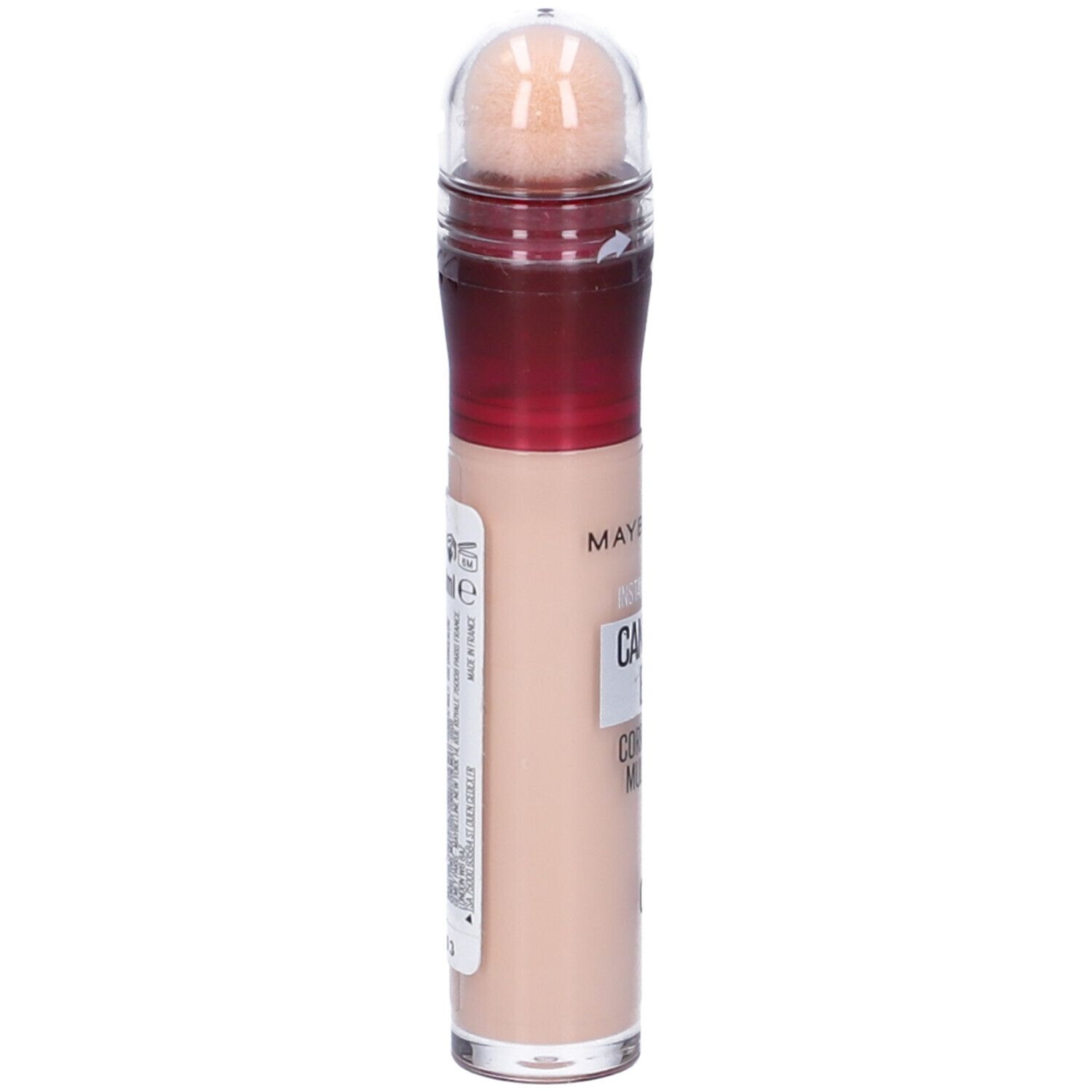 Maybelline New York Correttore Liquido Cancella Età 00 Ivory. Flacone beige con applicatore a spugna. Vista laterale.