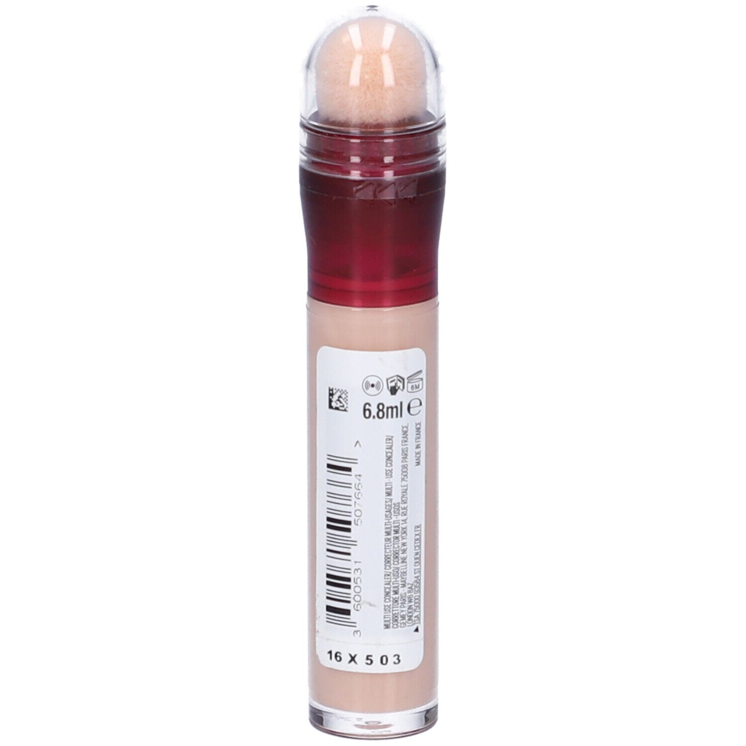 Maybelline New York Correttore Liquido Cancella Età 00 Ivory. Flacone beige. Retro con informazioni e codice a barre. 6,8 ml.