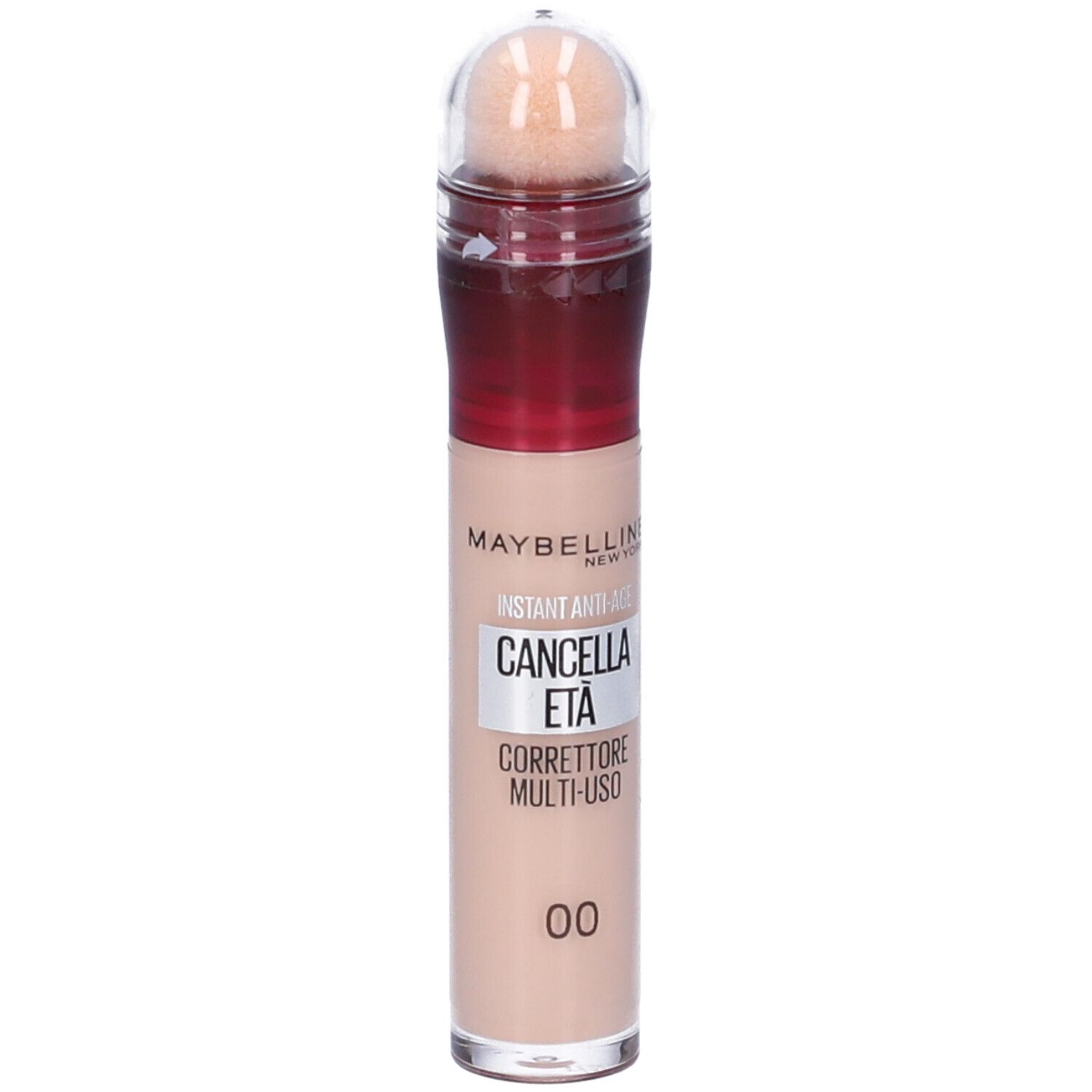 Maybelline New York Correttore Liquido Cancella Età 00 Ivory. Flacone beige con applicatore a spugna. Scritta: Instant Anti-Age.
