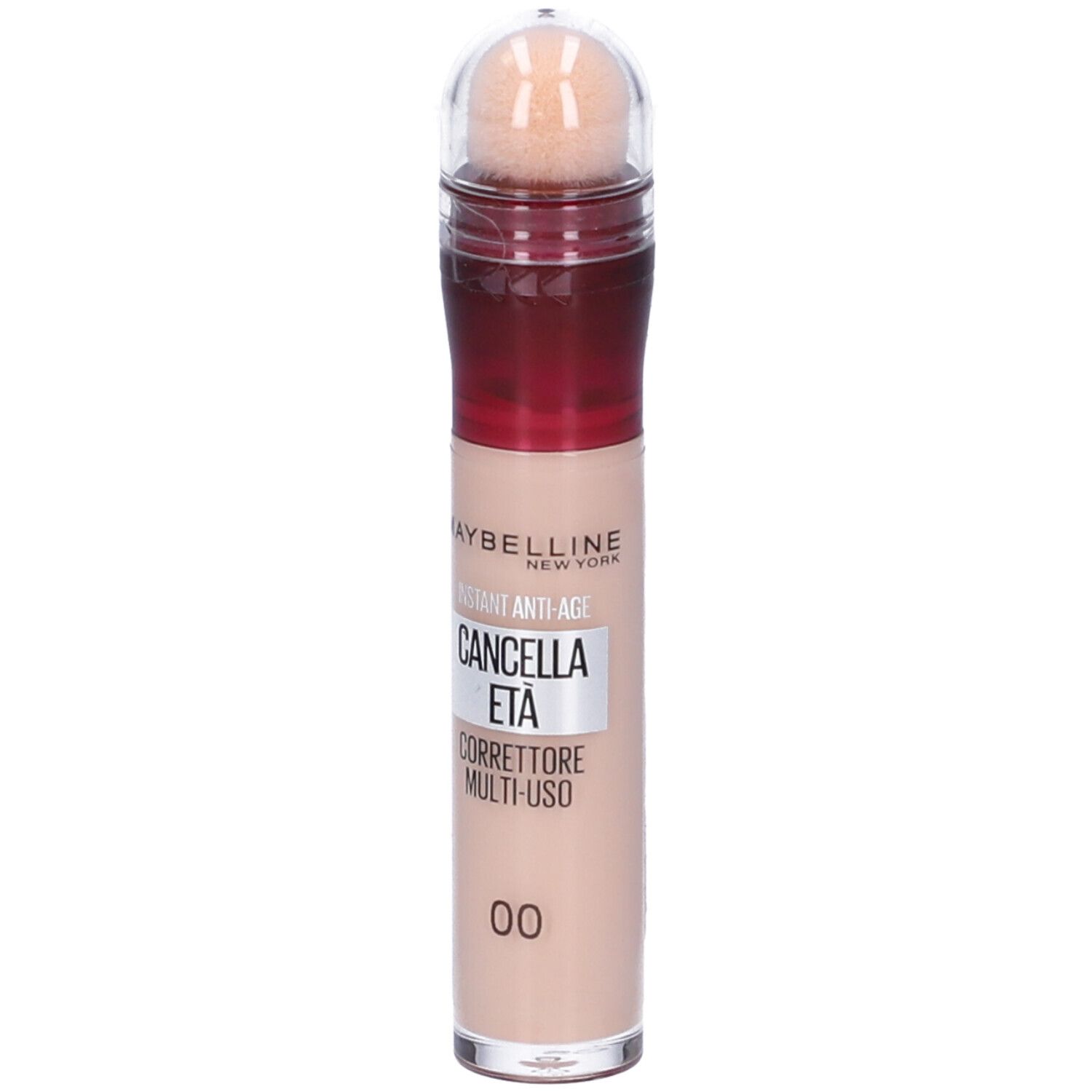 Maybelline New York Correttore Liquido Cancella Età 00 Ivory. Flacone beige con applicatore a spugna. Scritta: Instant Anti-Age.