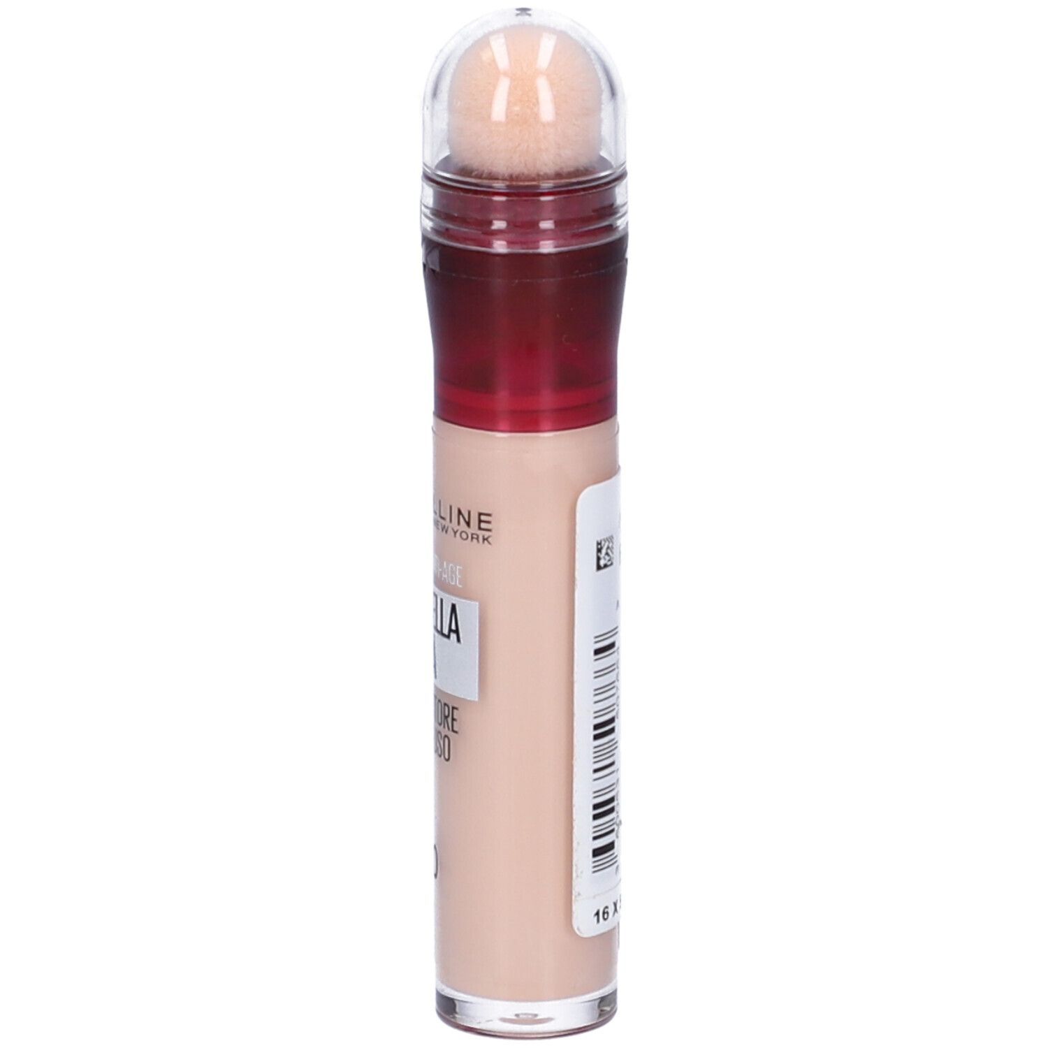 Maybelline New York Correttore Liquido Cancella Età 00 Ivory. Flacone beige con applicatore a spugna. Vista laterale.
