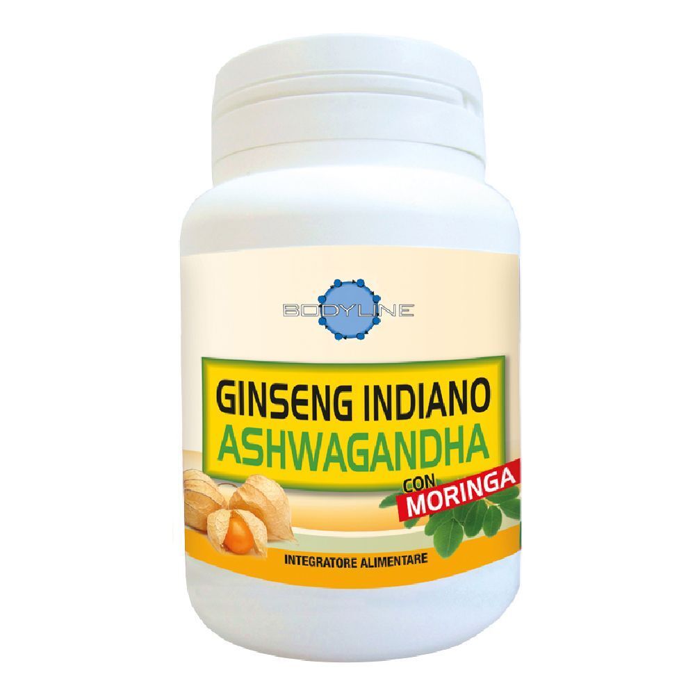 Flacone bianco con etichetta gialla. Scritta: Ginseng Indiano Ashwagandha con Moringa. Illustrazione di frutti e foglie.