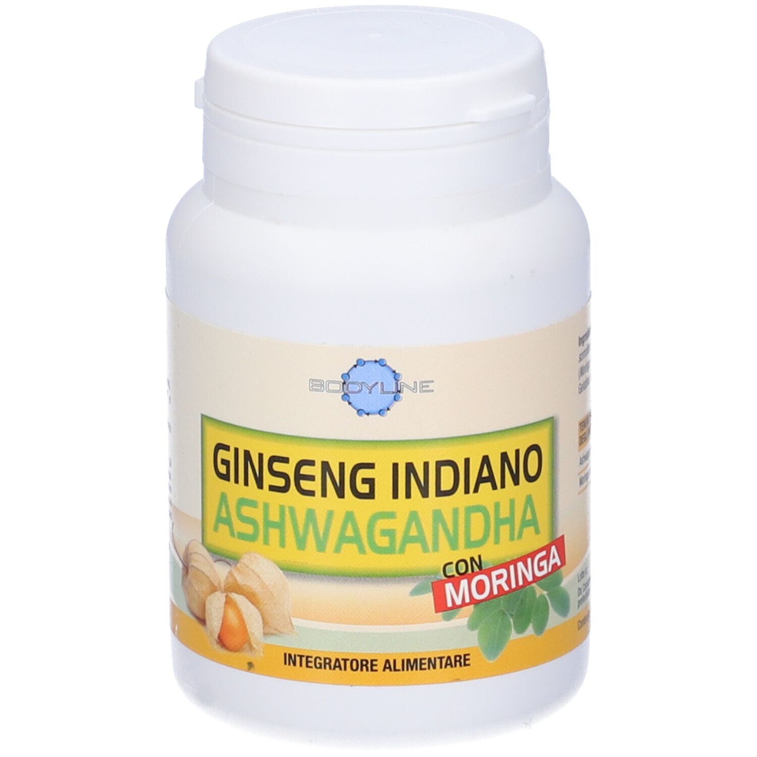 Flacone bianco con etichetta gialla. Scritta: Ginseng Indiano Ashwagandha con Moringa. Illustrazione di frutti e foglie.