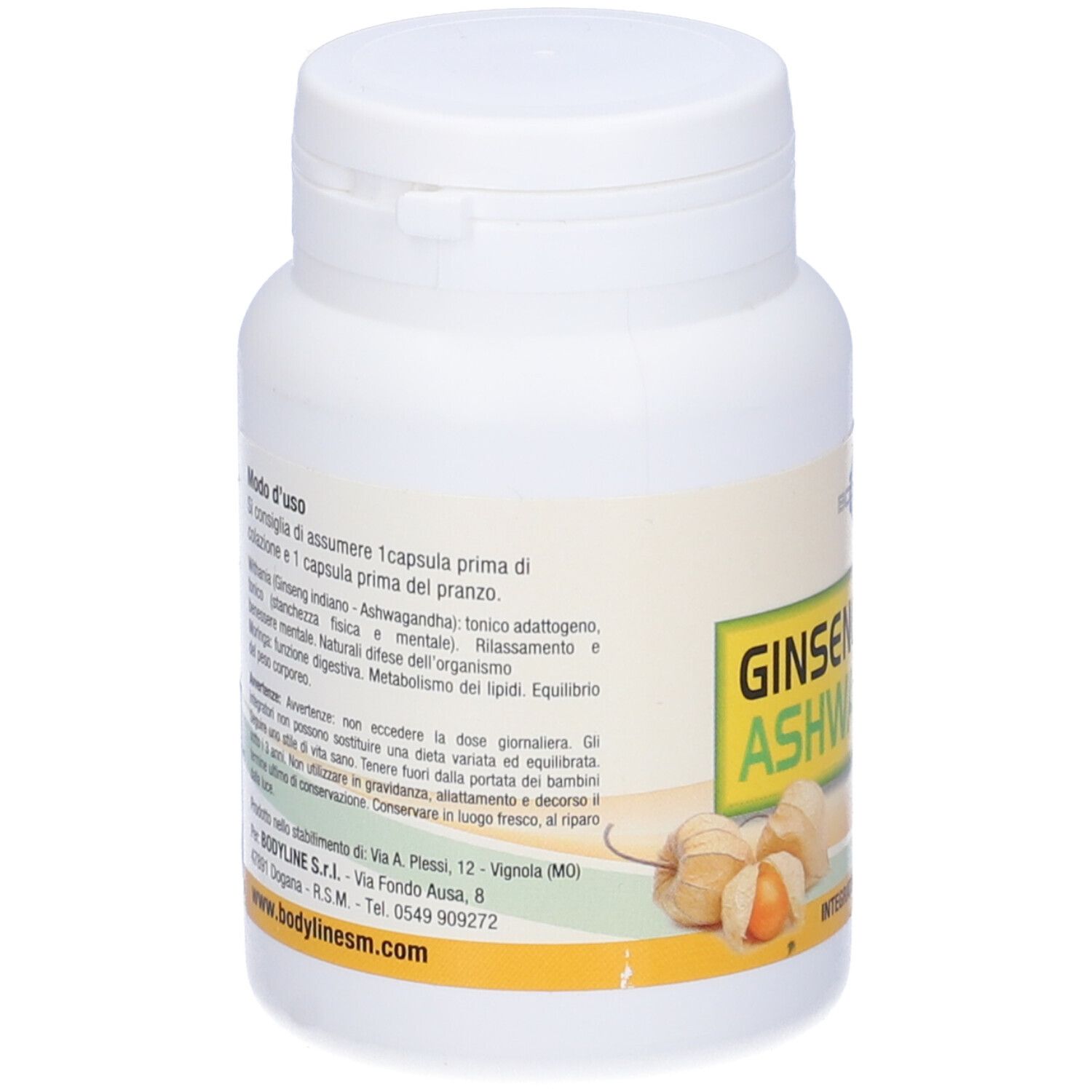 Flacone bianco con etichetta gialla. Scritta: Ginseng Indiano Ashwagandha con Moringa. Retro con testo e informazioni.