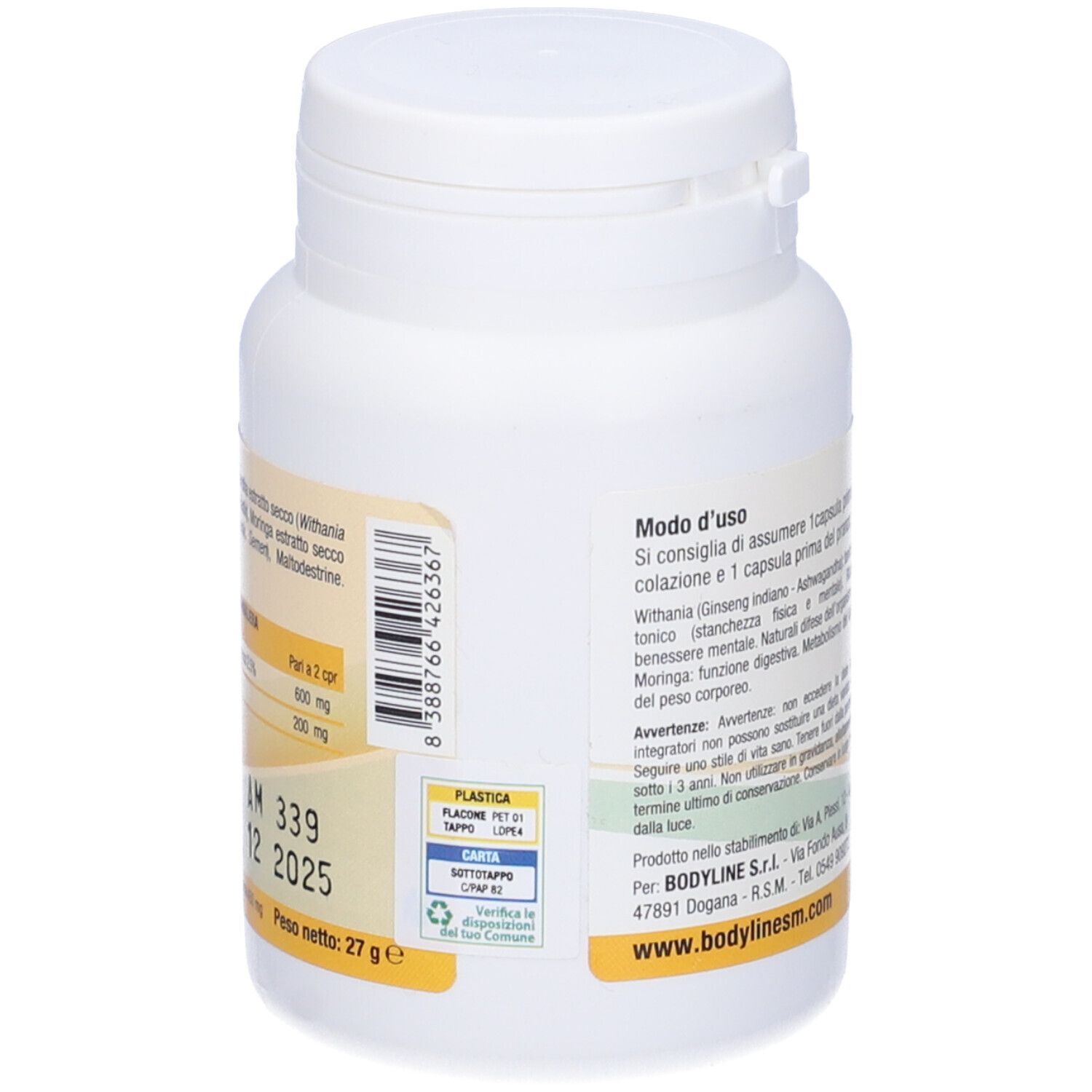 Flacone bianco con etichetta gialla. Scritta: Ginseng Indiano Ashwagandha con Moringa. Retro con testo e informazioni.