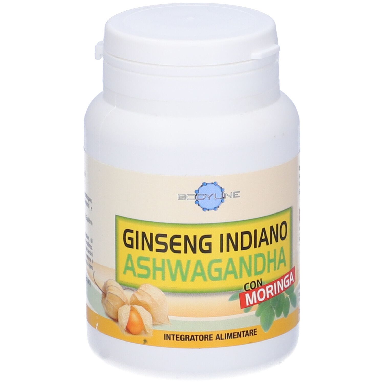Flacone bianco con etichetta gialla. Scritta: Ginseng Indiano Ashwagandha con Moringa. Illustrazione di frutti e foglie.