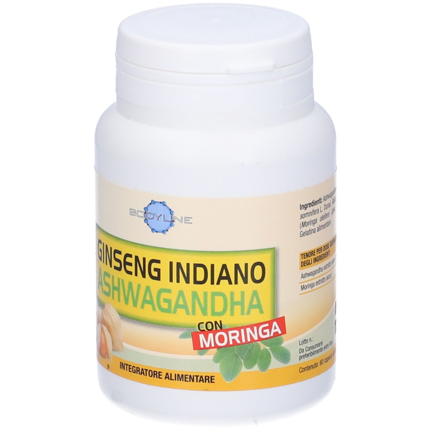 Flacone bianco con etichetta gialla. Scritta: Ginseng Indiano Ashwagandha con Moringa. Illustrazione di frutti e foglie.
