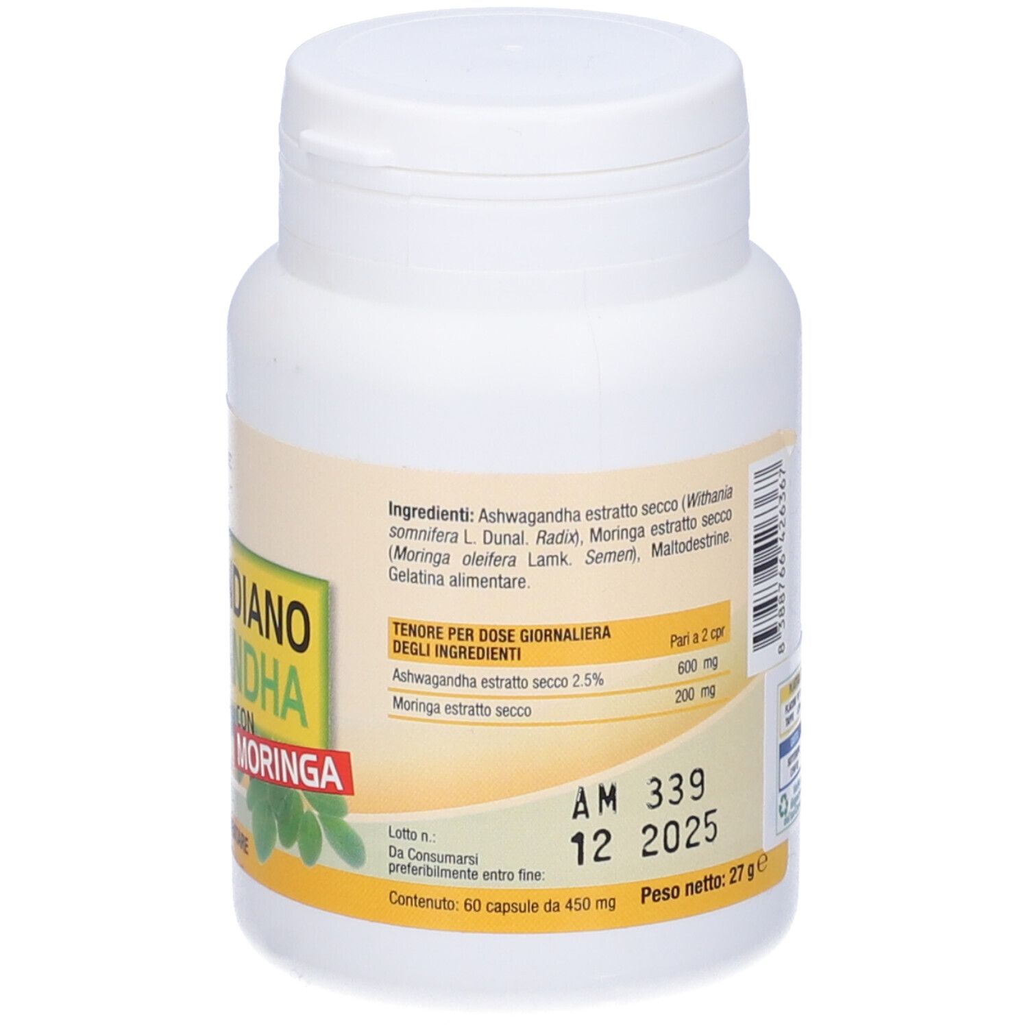 Flacone bianco con etichetta gialla. Scritta: Ginseng Indiano Ashwagandha con Moringa. Retro con testo e informazioni.
