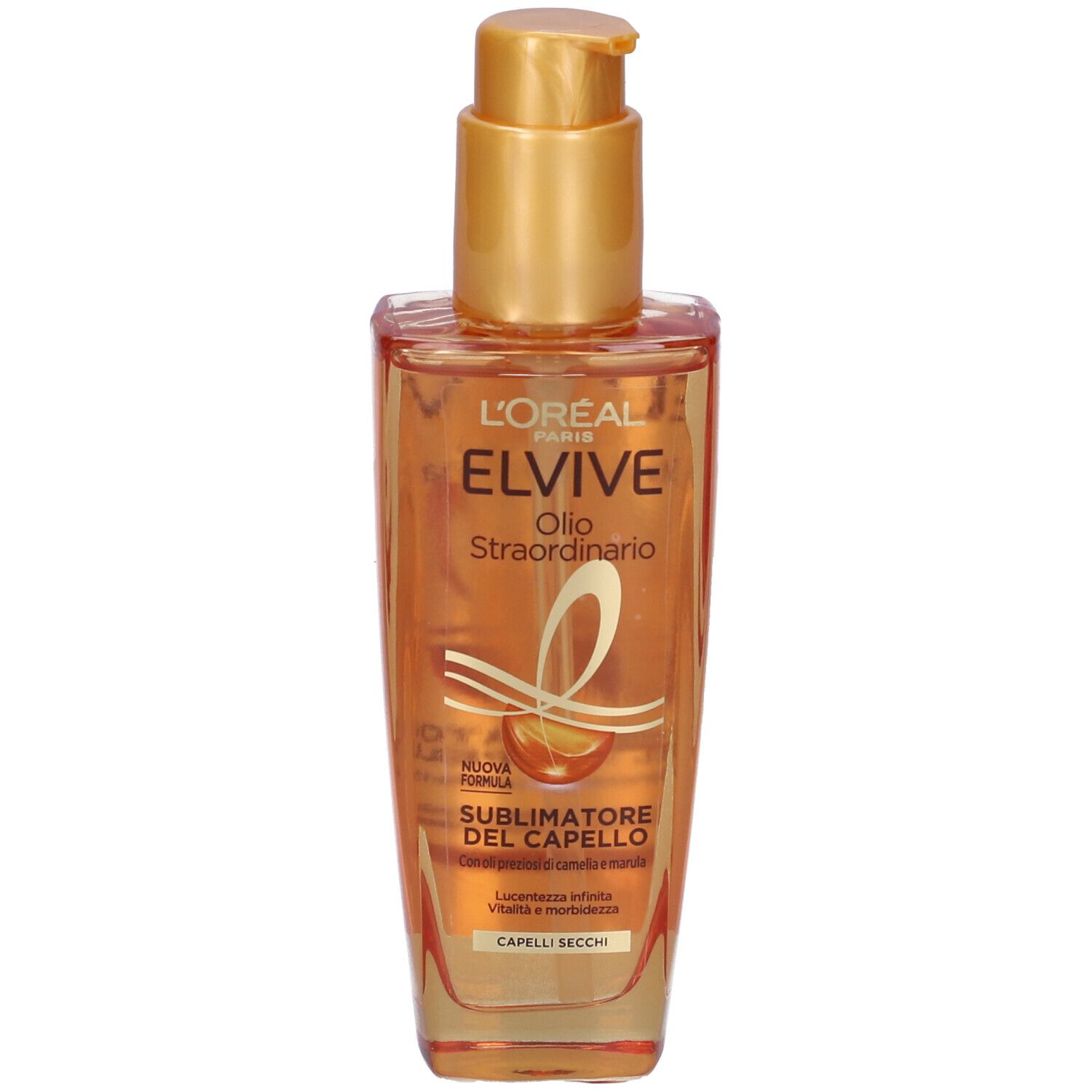 Flacone di olio per capelli con erogatore dorato. Scritta: ELVIVE, Olio Straordinario, Sublimatore del Capello.