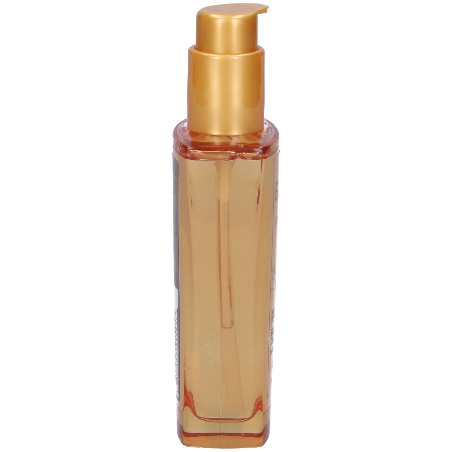 Flacone rettangolare di olio per capelli con erogatore dorato. Olio trasparente. Etichette laterali.