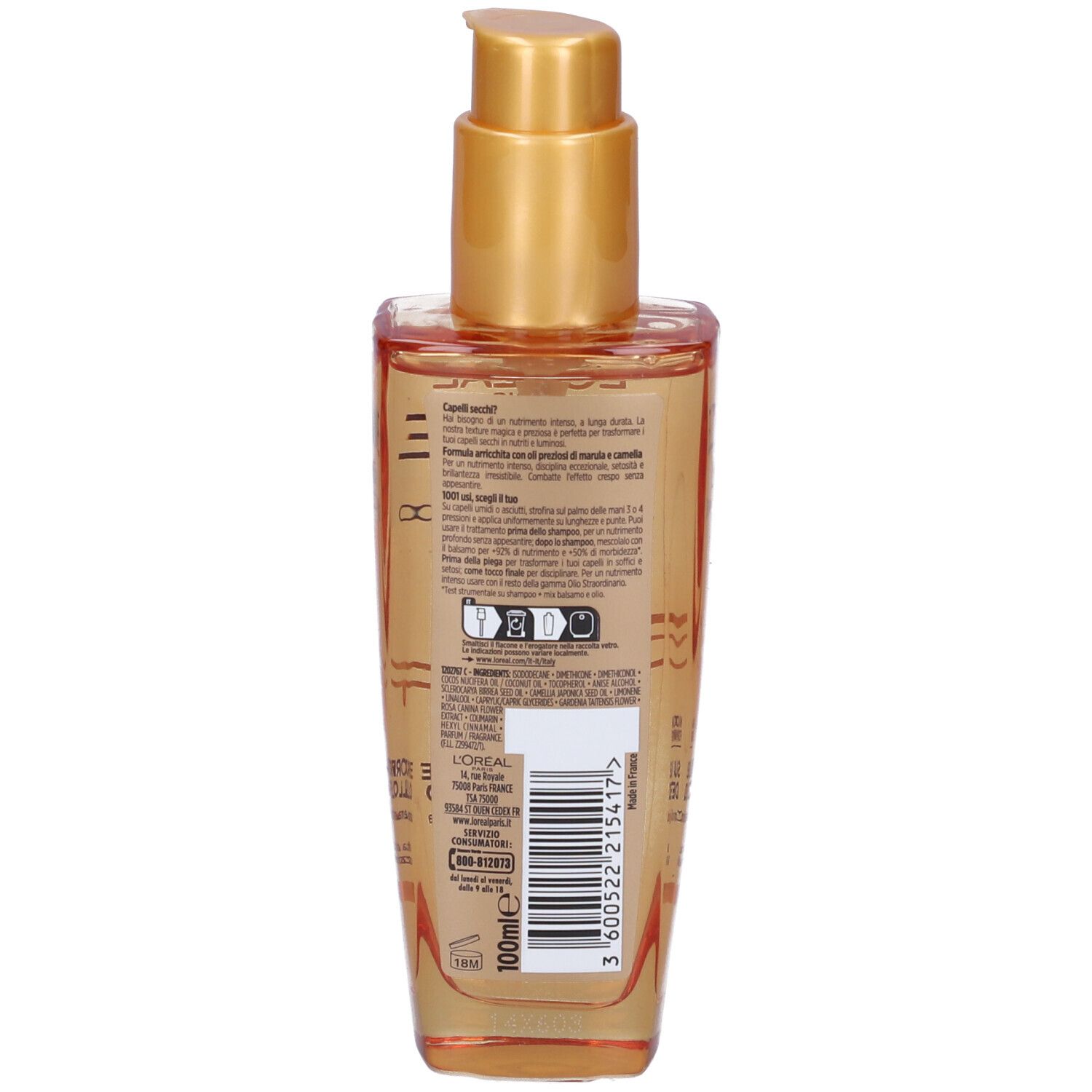 Retro del flacone di olio per capelli. Etichetta con testo e loghi. Erogatore dorato.