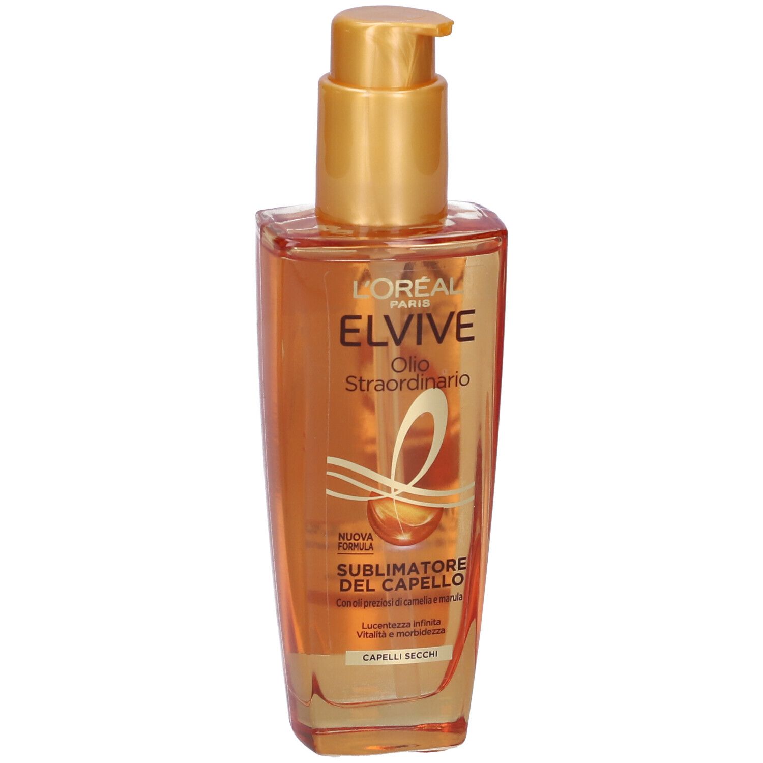 Flacone di olio per capelli con erogatore dorato. Scritta: ELVIVE, Olio Straordinario, Sublimatore del Capello.