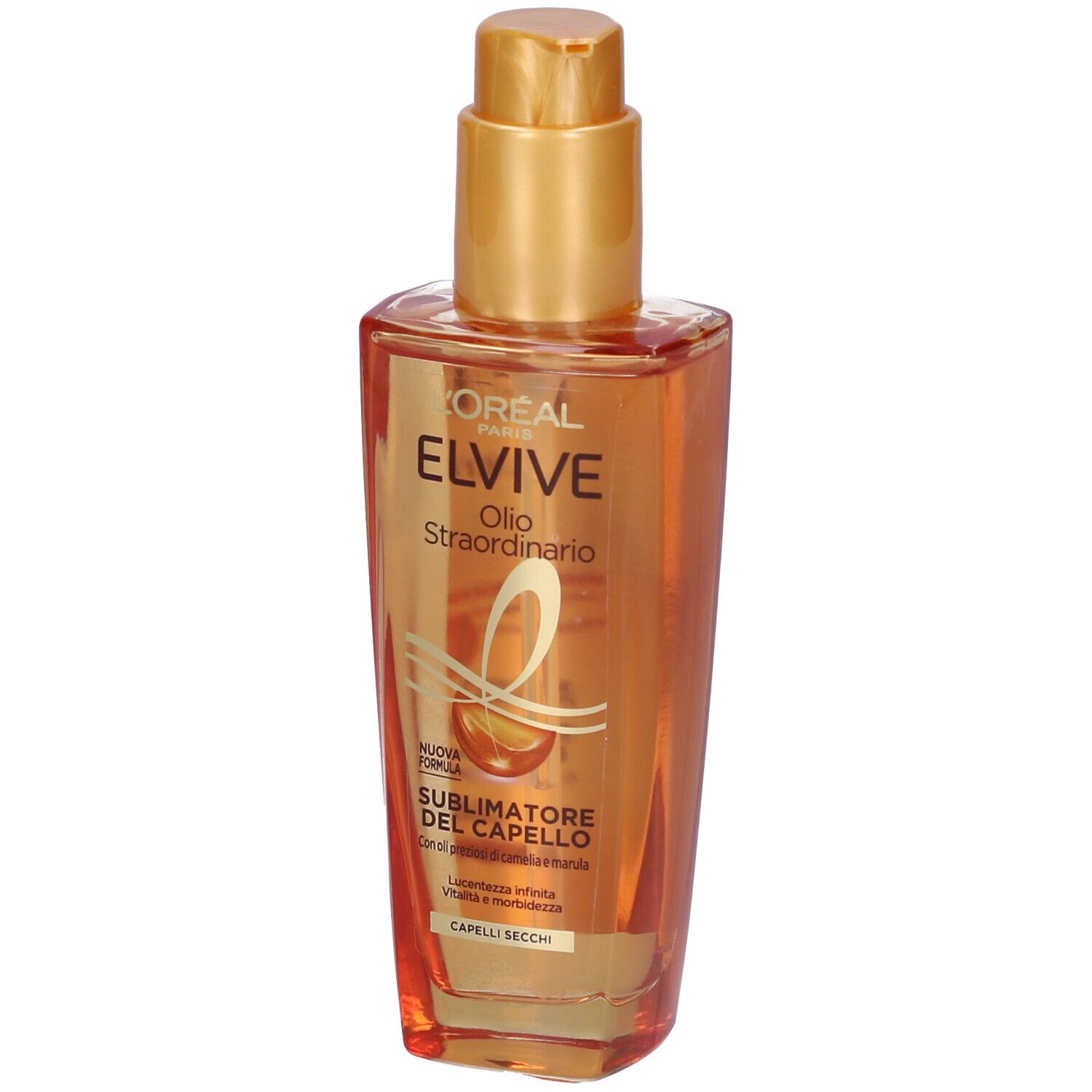 Flacone di olio per capelli con erogatore dorato. Scritta: ELVIVE, Olio Straordinario, Sublimatore del Capello.